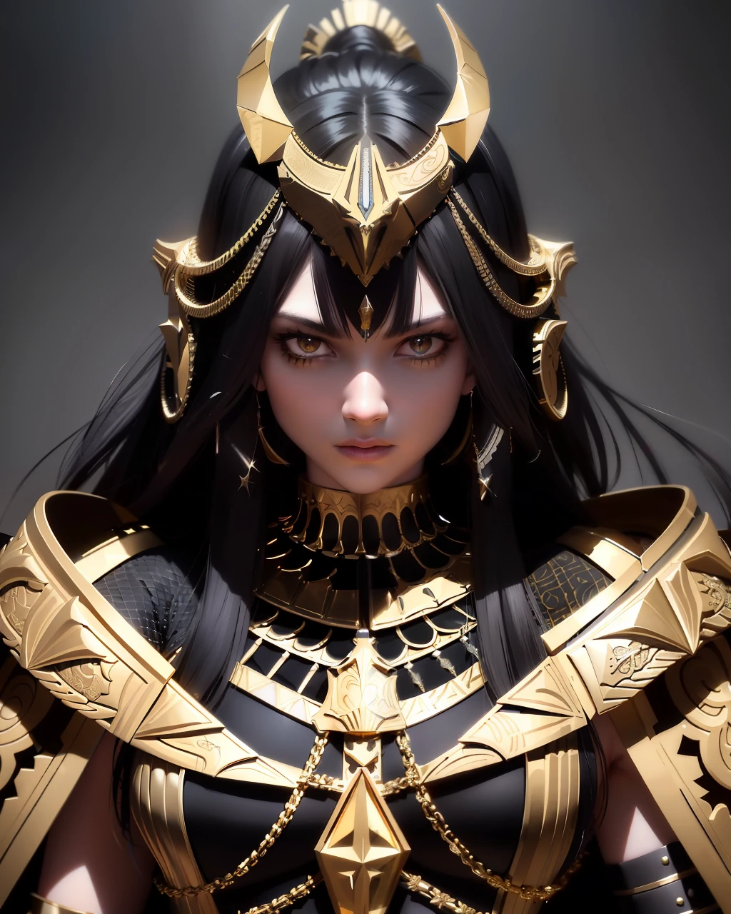 8k rendered digital illustration of a fierce -looking Cleopatra queen possessing extremely powerful demonic weapons, wearing an Cleopatra Dynasty gold - black queen attire with gold jewellery and red armour in a dark universe, a mild burning hellish environment giving the scene a dark atmosphere but sculpting the forms in sharp chiaroscuro) , it's in night time , (highly detailed skin ), ((black long hair )), (highly detailed face ), ((black gold armour)), detailed background, dark lighting, twilight lighting, volumetric lighting, intricate details, UHD, extremely detailed masterpiece, intricate details , (Highest quality:1.3), cinematic shot, ((masterpiece)), (sharp focus:1.5), (photorealistic:1.3),  (detailed face), (detailed full length body), detailed background, depth of field, (dark lighting:1.3), dramatic lighting, twilight lighting, volumetric shadows, highly detailed, intricate details, 8k, UHD, HDR, trending on Artstation, Award wining legendary art-imagine -