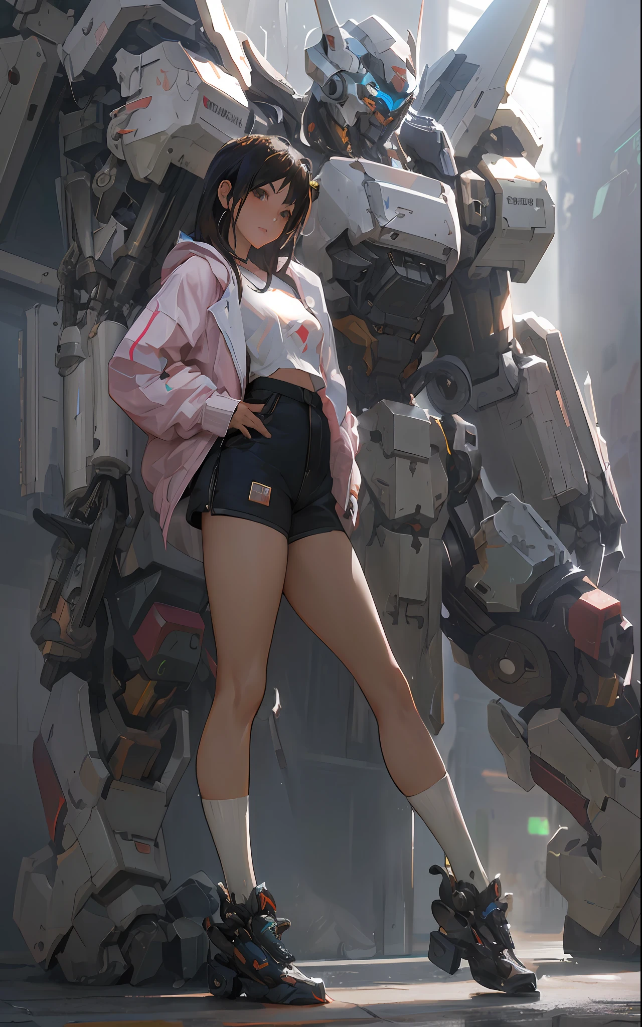 anime girl in short shorts and jacket standing next to giant robot, artwork in the style of guweiz, cyberpunk anime girl mech, trending on cgstation, guweiz, by Russell Dongjun Lu, digital cyberpunk anime art, guweiz on artstation pixiv, ross tran 8 k, girl in mecha cyber armor