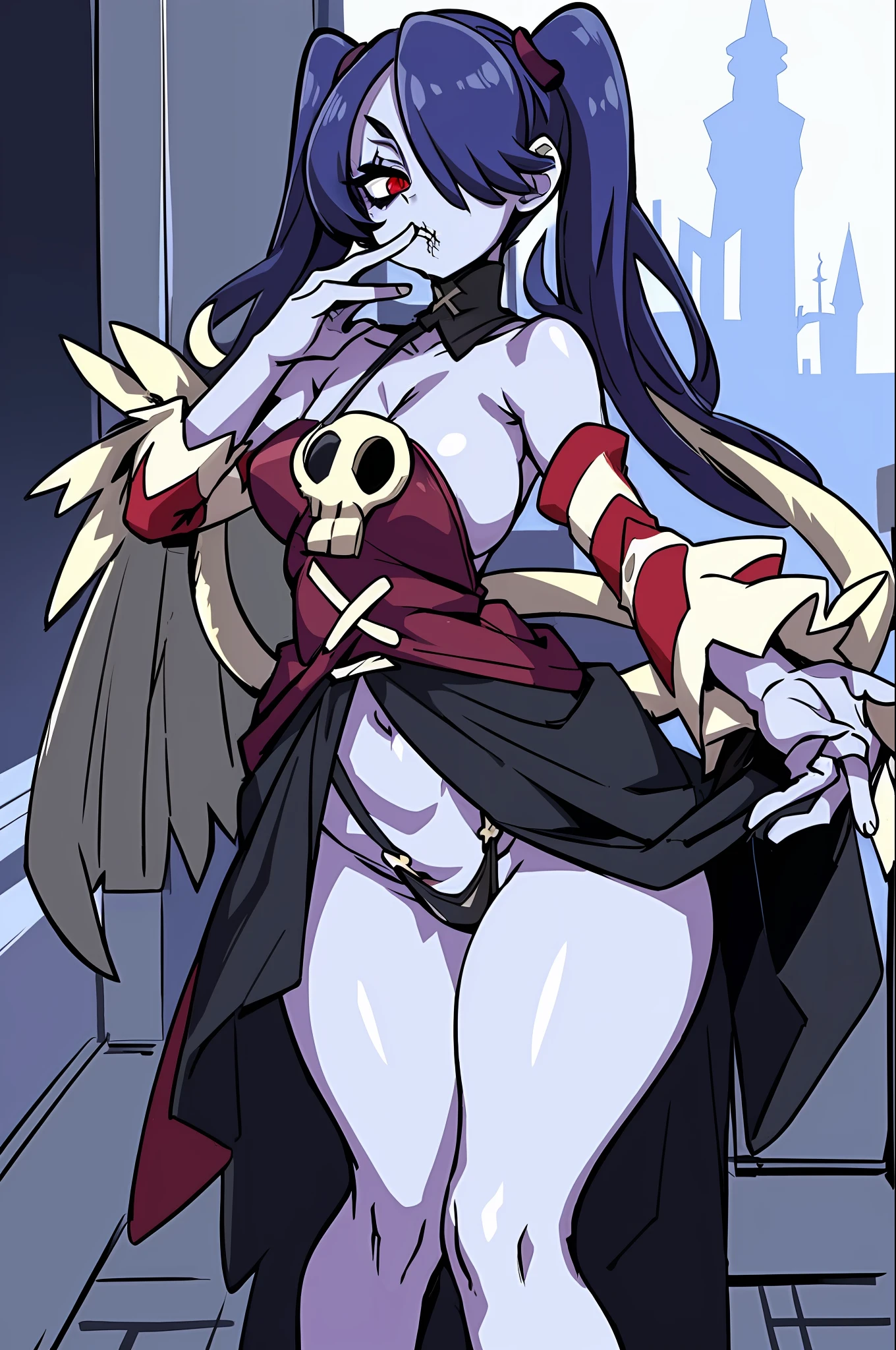 ecchi nsfw,ahegao, ecchi anime style (in lingerie, ecchi anime style, full body art, ecchi style, anime character; full body art, realistic - anime, ecchi, anime arts, seductive anime, high quality, best quality: 1.3)), wavy, 1 , solo, small breasts, looking at viewer, bare shoulders, open sleeves, hair over one eye, red eyes, side ponytail, a ponytail, loose collar, skull, ( (blue skin)), stitches, zombie, striped sleeves, stitched mouth, extremely detailed, highly detailed, perfect face, beauty, perfect eyes, ((skeletal arm, vivid tails, big butt, big lips)), baggy eyes, makeup , big eyelashes, cute, adorable, serious, ((leviathan: 1.3)), full body, (long skirt), in lingerie, ecchi anime style, full body art, ecchi style, anime character; full body art, realistic - anime, ecchi, anime arts, seductive anime girl, beautiful anime woman, ((lolifsw