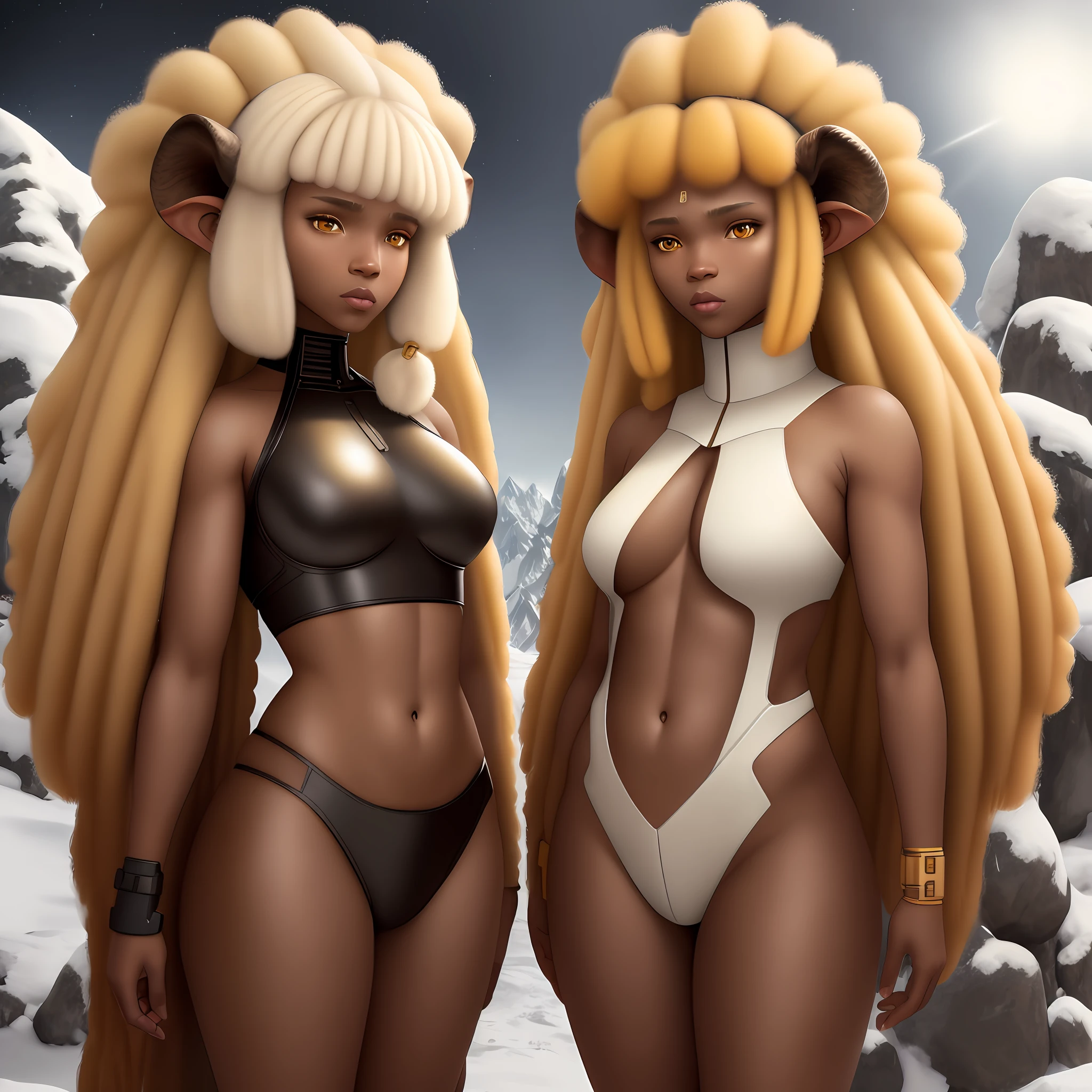 mammoth demihuman, woman alone, mammoth face, mammoth nose, mammoth ears, mammoth appearance, brown skin, skin color is afro, afro ethnicity, full color, full of detail, portrait photo, yellow hair, white eyes , shadows, lights, lands, 8k, HDR, anime style, full reality, full body shot, hot, very hot