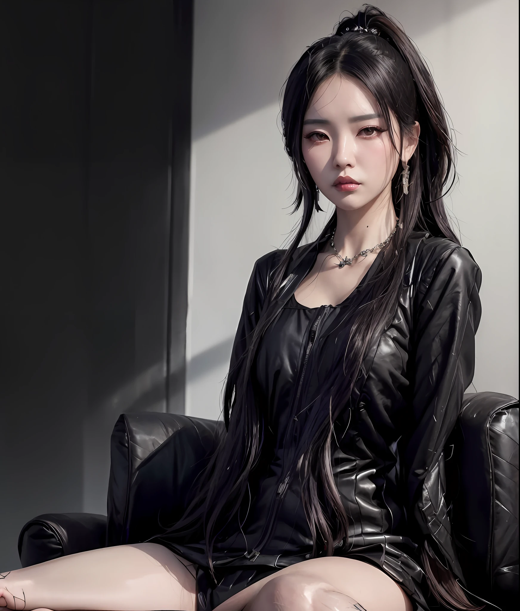 araffe woman in a black dress sitting on a black chair, cruel korean goth girl, artwork in the style of guweiz, sensual gloomy style, trending on cgstation, by Yang J, with long hair and piercing eyes, guweiz, seductive cyberpunk dark fantasy, iu lee ji-eun as a super villain, dark and horror style, dreamy cyberpunk girl