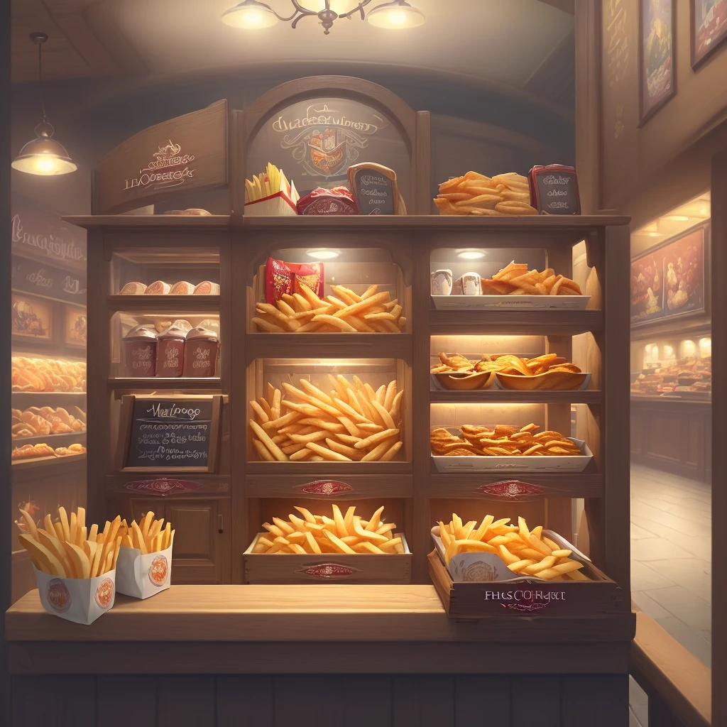 [(transparent background: 1.5)::5],(((masterpiece))),(((best quality))),(((extremely detailed))),illustration, mysterious,vivid color, shiny , (impressionism: 1.4), Pret A Manger, (French Fries), Family Barrel, (Fish and Chips), (snack bar), (food stand), london, (Harry Potter style), wizarding world style, restaurant, food, food service, typography, mysterious fonts,