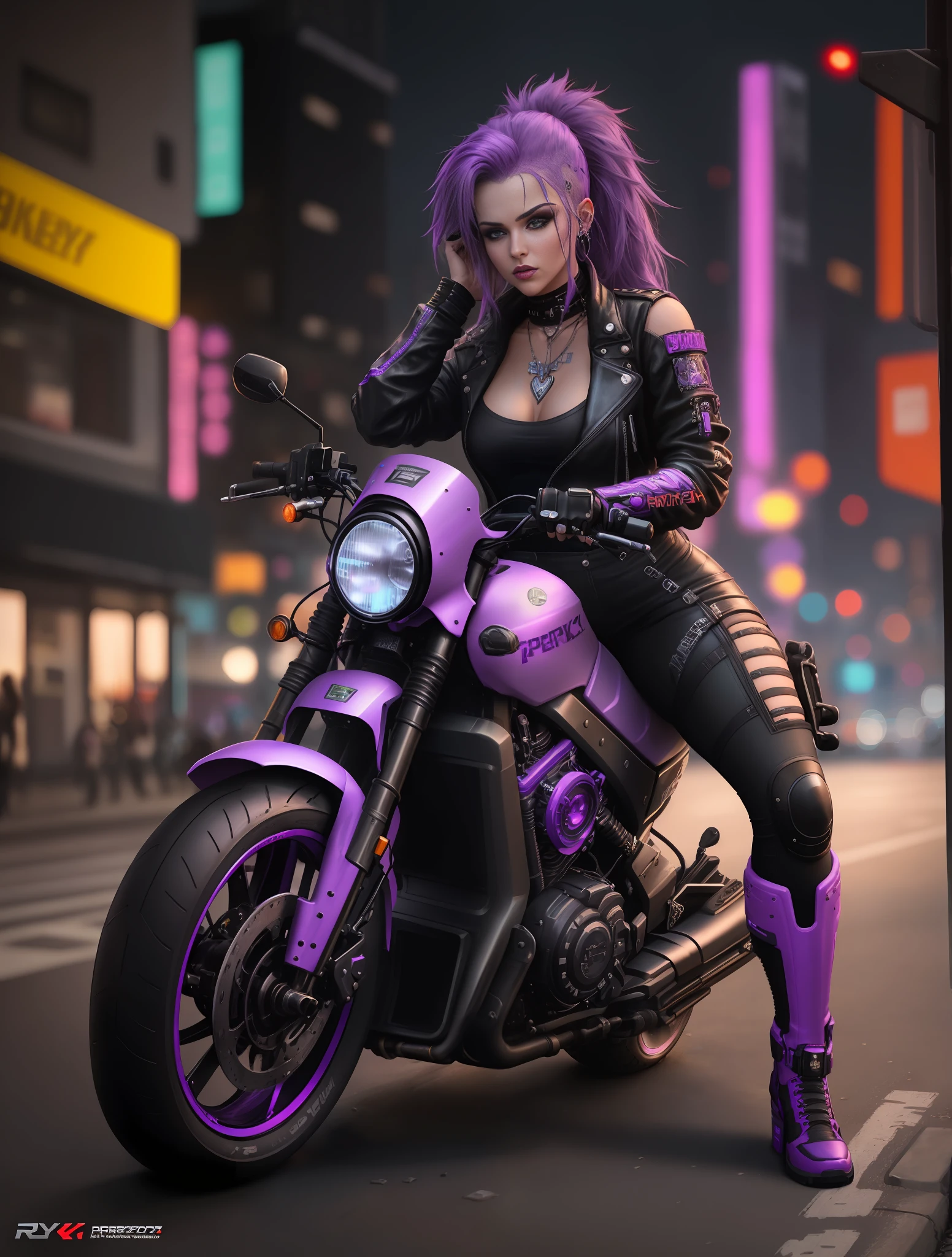 there is a woman with purple hair and a black top on a motorcycle, cyberpunk 2 5 y. o model girl, sitting on cyberpunk black motorbike, hyper-realistic cyberpunk style, in cyberpunk style, cyberpunk style , hyperrealistic, style of cyberpunk 2 0 7 7, in cyberpunk city, cyberpunk art ultrarealistic 8k, cyberpunk style color, cyberpunk art style