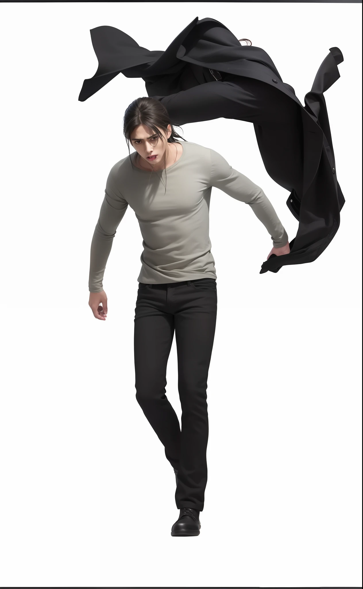 best quality, masterpiece, (realistic: 1.2), 1 man, Eren Jaeger, real life, live action, black jeans, black pants, greyish shirt, holding a black jacket, tied hair, manbun, brown hair, tied hair, walking, attack on titan