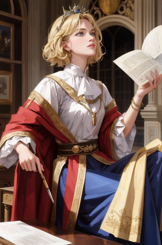 (Masterpiece: 1.2, Best Quality), Realistic, (Realistic Picture, Complex Details, Depth of Field), Best Quality, Masterpiece, Highly Detailed, Semi Realistic, 1 Girl, Mature, 21 Years Old, Blonde, Shoulder Length Short Hair, Long Mao left eye, blue eyes, royal clothes, red cloak, slim figure, gold crown, reading document, marking document, quill pen, desk, soft stool, palace, palace, palace medieval