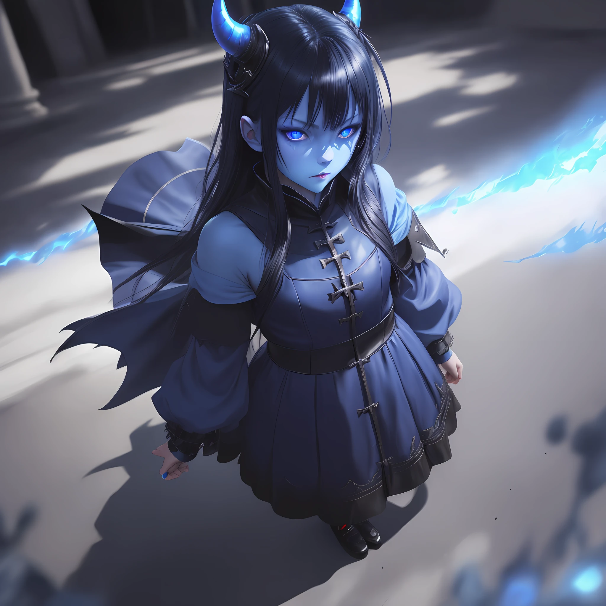 demon loli, alone, blue skin, Romanian ethnicity, full color, full of details, portrait photo, black hair, blue eyes, shadows, lights, lands, 8k, HDR, anime style, full reality, full body photo, hot , very hot, hentai