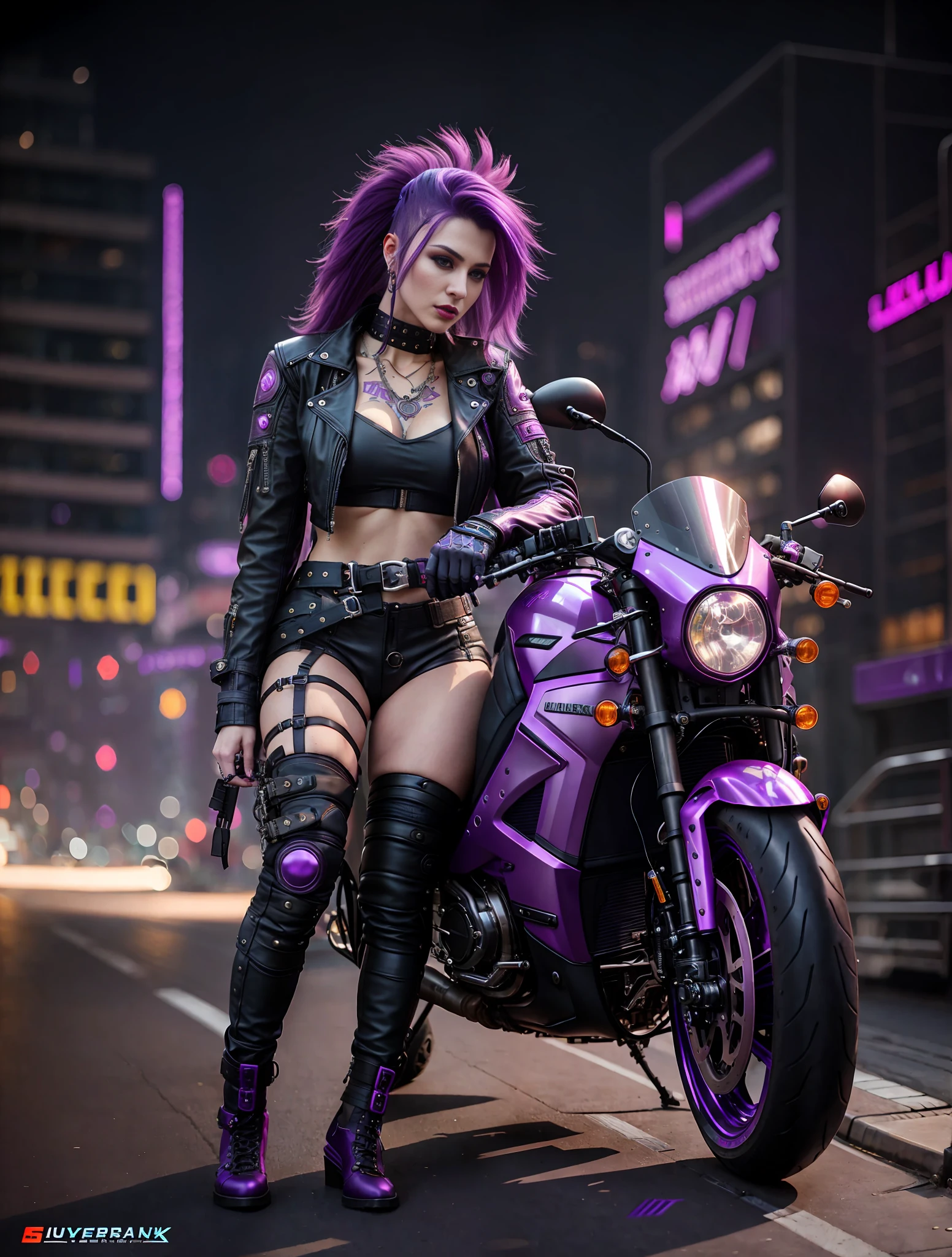 purple haired woman in leather outfit sitting on a purple motorcycle, sitting on cyberpunk motorbike, hyper-realistic cyberpunk style, in cyberpunk style, cyberpunk art ultrarealistic 8k, cyberpunk 2 0 y. o model girl, in cyberpunk city, cyberpunk style outfit, cyberpunk style color, cyberpunk vibe, beautiful cyberpunk woman model, cyberpunk style , hyperrealistic, has cyberpunk style