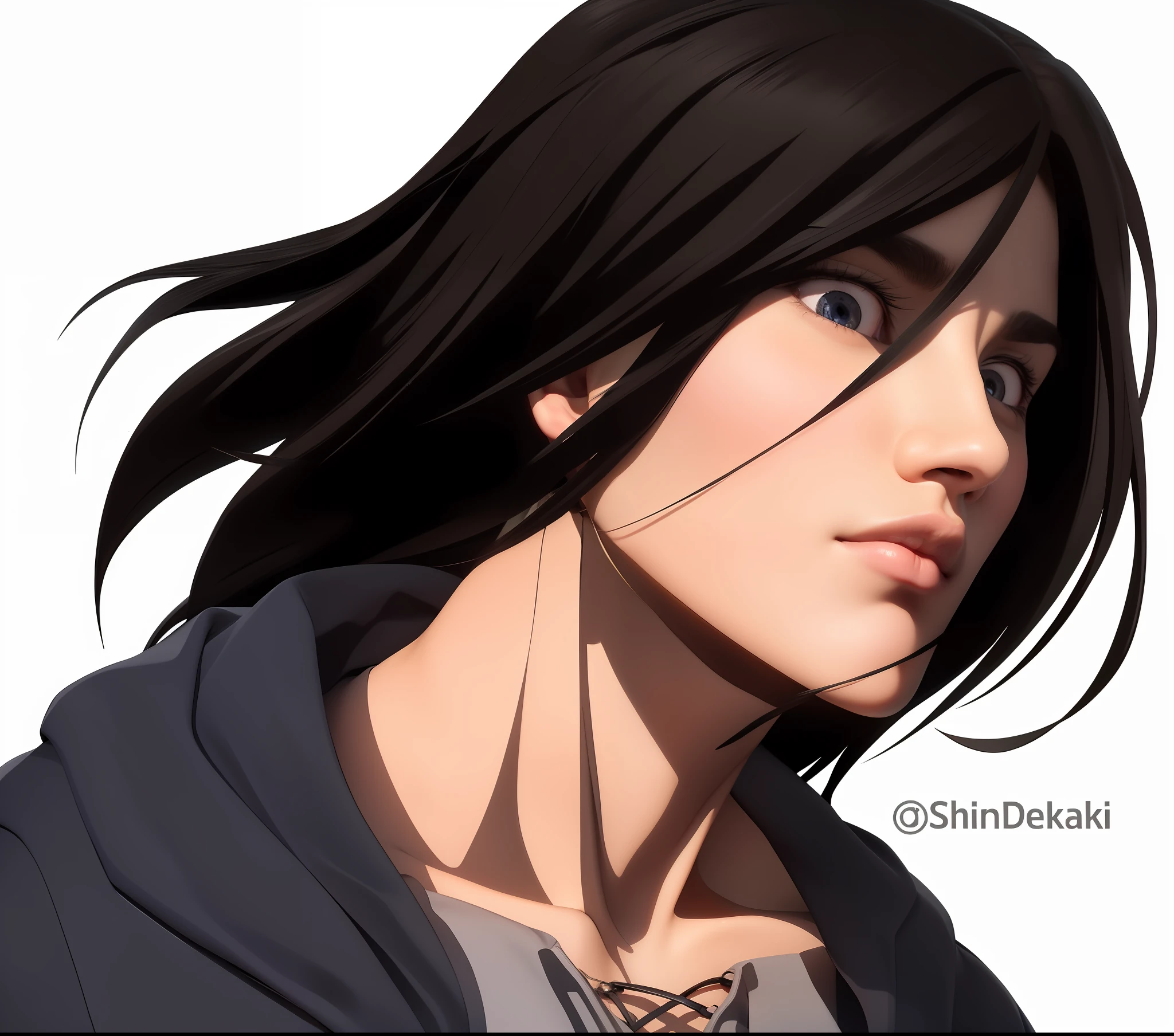 best quality, masterpiece, (realistic: 1.2), 1 man, Eren Jaeger, real life, live action, black jeans, black pants, gray shirt, navy jacket, dark jacket, long hair, brown hair, blue eyes, attack on titan, looking at the screen