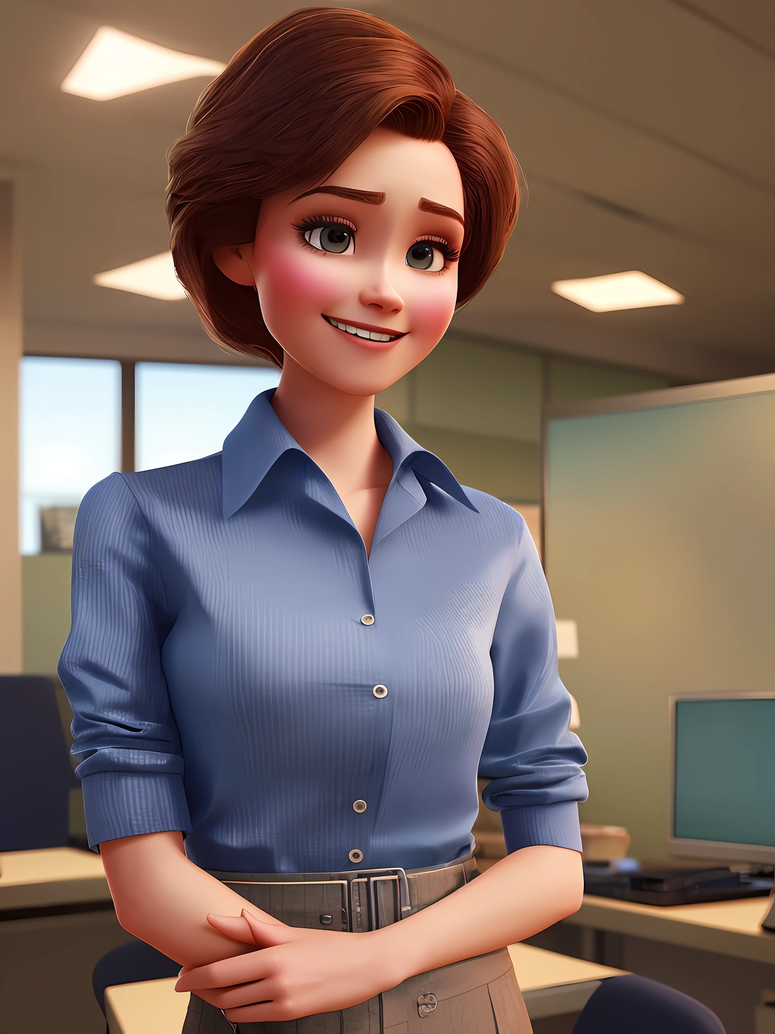 pixarstyle a waist-length portrait of a young woman in a office shirt, smile, office, natural skin texture, 4k textures, hdr, intricate, highly detailed, sharp focus, cinematic look, hyperdetailed