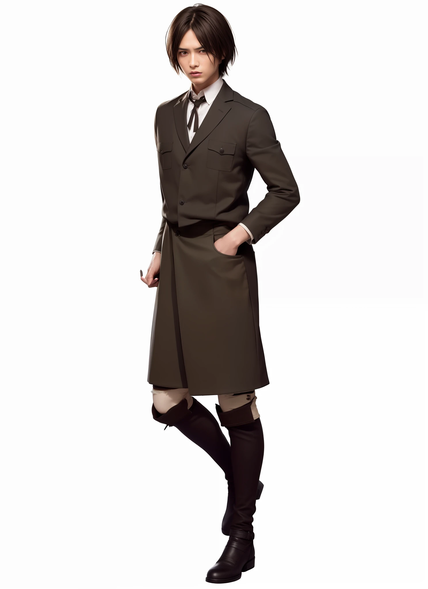 best quality, masterpiece, (realistic: 1.2), 1 man, Eren Jaeger, real life, live action, black jeans, black pants, brown hair, walking, attack on Titan