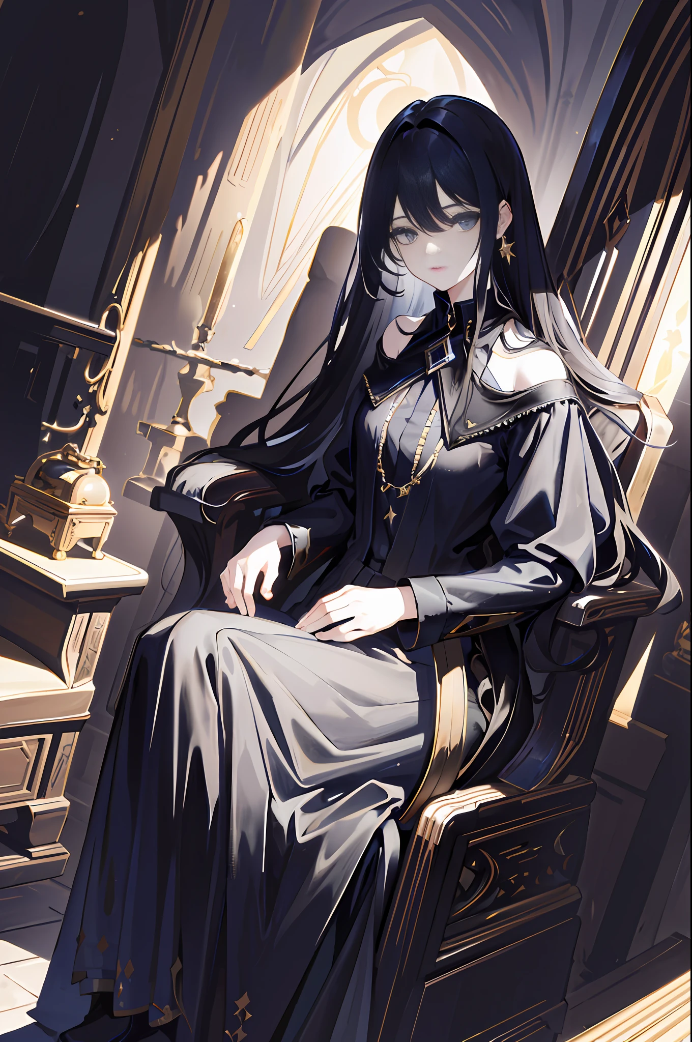 (((best picture quality))), ((gorgeous light and shadow + mystery + fantasy)), (fantasy + night). The layered but uncomplicated black long skirt, the black long skirt, is embellished with countless bright lights, as if wearing a starry night on her body. (God + female + night sky + starry sky). Long black hair, gold jewelry, beautiful and gentle, eyes seem to condense the night sky full of stars. (fantasy + cinematic lens + strong light and shadow). ((gothic palace)),((high quality details)),(((a high-backed chair in ancient form))),(((sitting)),dark,gray tone,high contrast,painting , Rich in details, the interior of the palace, shadow, has a sense of history, like ancient handicrafts, ancient chandeliers, candlelight, antique walls, light source lens