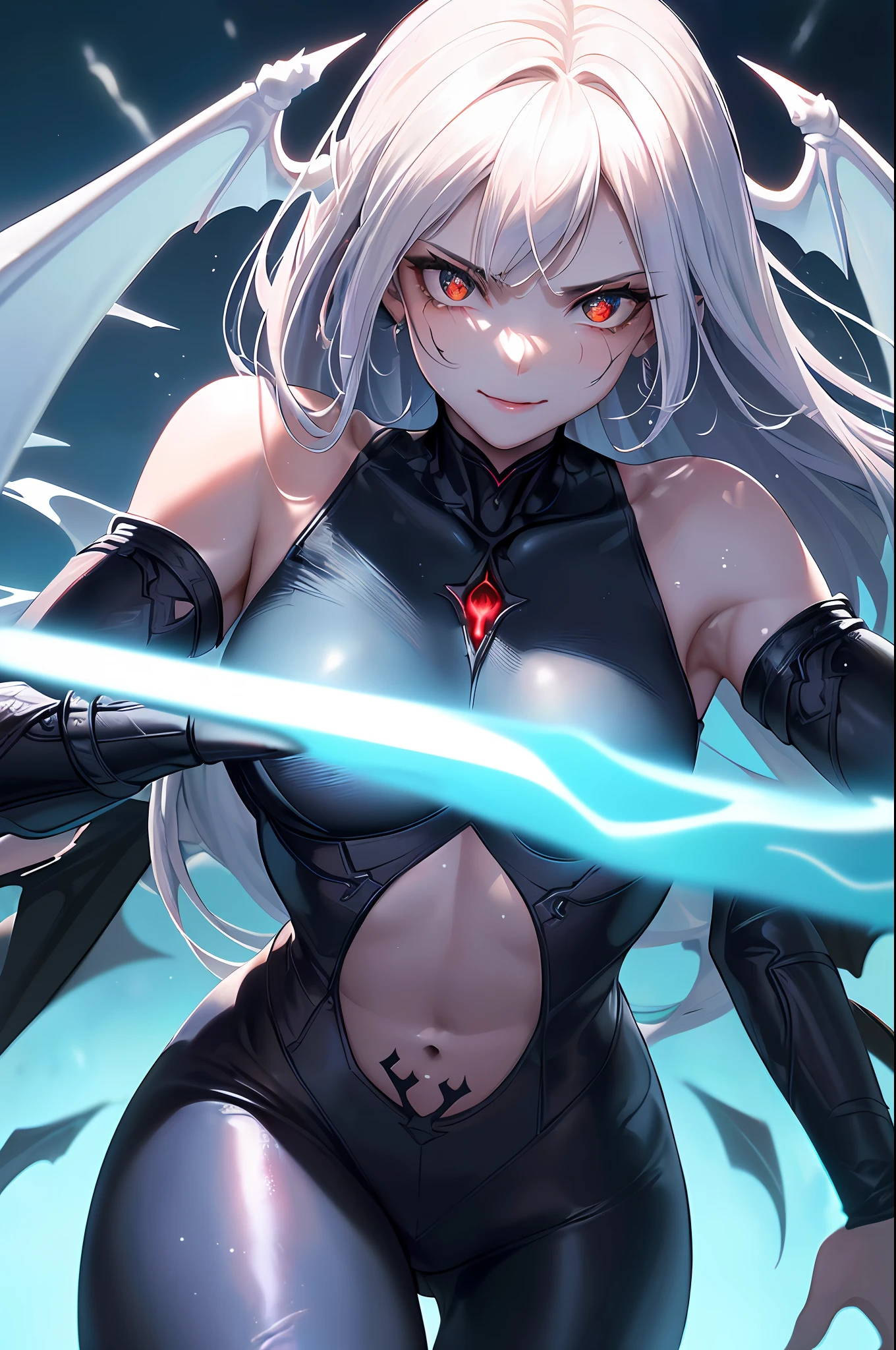 ((best quality)), ((masterpiece)), black leather outfit, armor, evil landscape, alluring succubus, ethereal beauty, (fantasy illustration:1.3), enchanting gaze, captivating pose, solo girl, hand at front, large weapon, big sword, otherworldly charm, mystical sky, (anime), moonlit night, soft colors, (detailed cloudscape:1.3), (high-resolution:1.2) (dragon flying in the sky), evil goddess, realistic, realism, glowing torches, long leges, skinny sexy body, High definition, High quality texture, High quality shadow, high detail, beautiful detailed, finely detailed, extremely detailed cg, detailed texture, a realistic representation of the face, realistic, colorful, delicate, Cinematic Light, sidelighting, Lens Flare, Ray tracing, sharp focus, (1girl, __focus__:1.3), (detailed beautiful delicate face, detailed beautiful delicate eyes, a face of perfect proportion, high detailed skin, detailed skin, best ratio four finger and one thumb, small chest, smooth midriff, skiny and thin, no missing fingers, clothe broken, badass anime 8 k, digital cyberpunk anime art, small breasts, flat chest, full body view, looking at viewer, weapon, sword, holding_sword, blade, ((((cinematic look)))), insane details, intricate details, hyperdetailed,(night:1:1), platinum_hair, holding_weapon, looking_at_viewer, red_jacket, shirt, short_hair, (photon mapping, radiosity, physically-based rendering,automatic white balance), technological sense, illustration,CG ,unity ,wallpaper, Amazing, finely detail, an extremely delicate and beautiful, extremely detailed, highly detailed, sharp focus, rich background, blurry background, (((high detailed skin, clean face))), (((face close-up,haunting smile,moist lips,long hair))), ((irises and pupils are rounded,the pupil reflects the surroundings,eyes are not the same size)), ((Big eyes,perfect eyes,watery eyes)), (((( small breasts)))),white skin,bare shoulders,(((demon_wings,two wings,devil,Hellfire,fire)))
