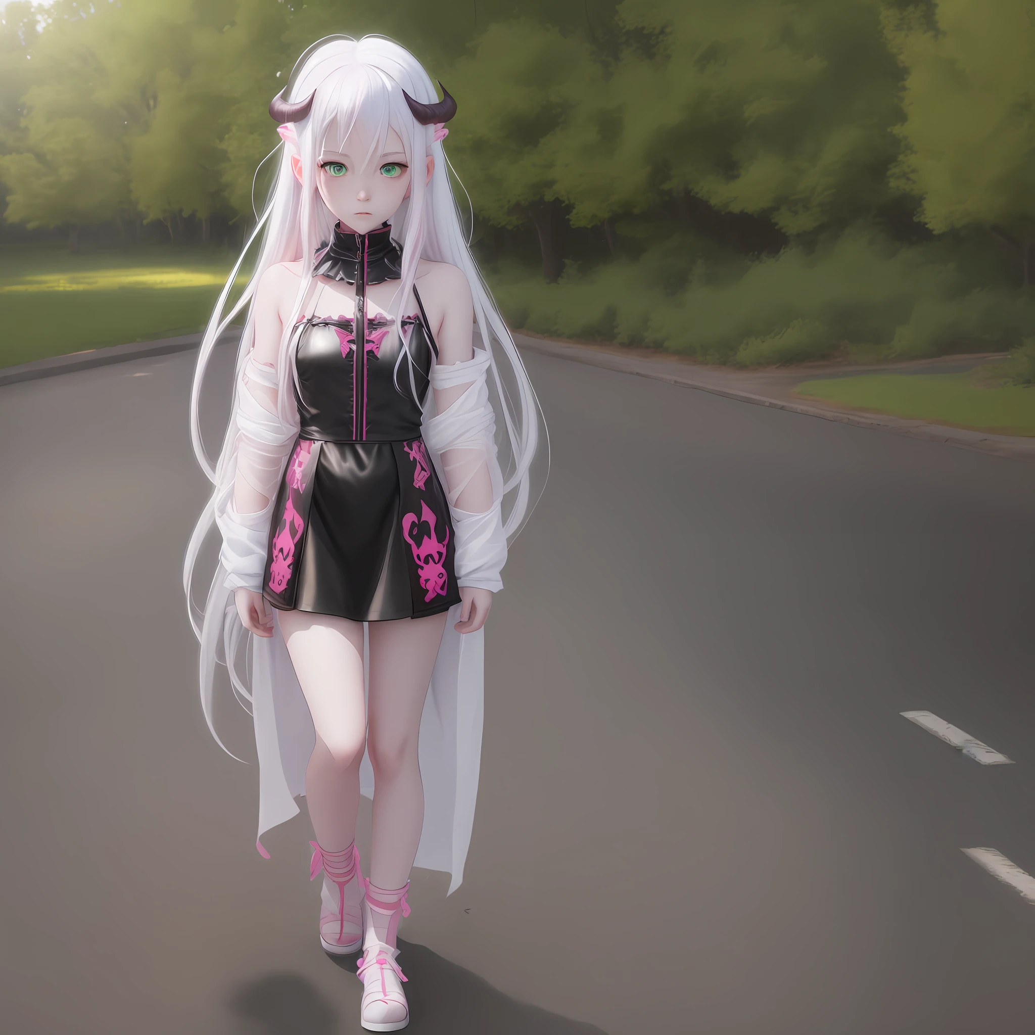 demon loli, alone, pink skin, Greek ethnicity, full color, full of details, portrait photo, white hair, green eyes, shadows, lights, earths, 8k, HDR, anime style, full reality, full body photo, hot , very hot, hentai