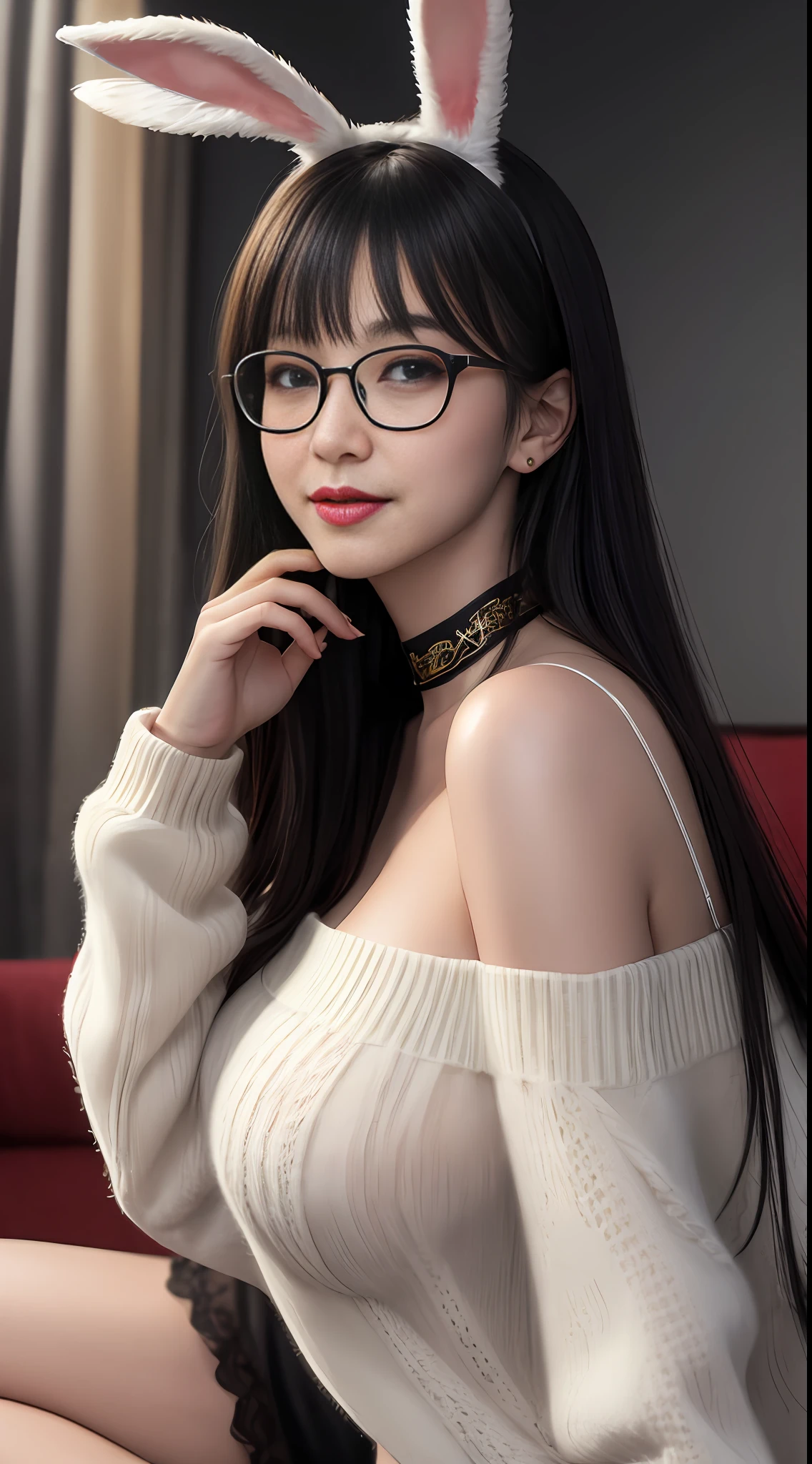 best quality, ultra-detailed, masterpiece, finely detail, highres, potrait,8k wallpaper, Realistic details, clothing details, skin details, photoshop \(medium\),Slim body,1girl, 22 years old, beautiful eyes, real skin, fine face, bangs, long hair, black hair, blunt bangs, huge breasts, wearing a half sweater, (seductive smile), (Chinese style), bedroom, jewelry, Lie on sofa, cosplaying as a bunny,close up , on couch, wearing glasses, wearing stocking and chocker, holding breast, looking super sexy, night lighting, SFW