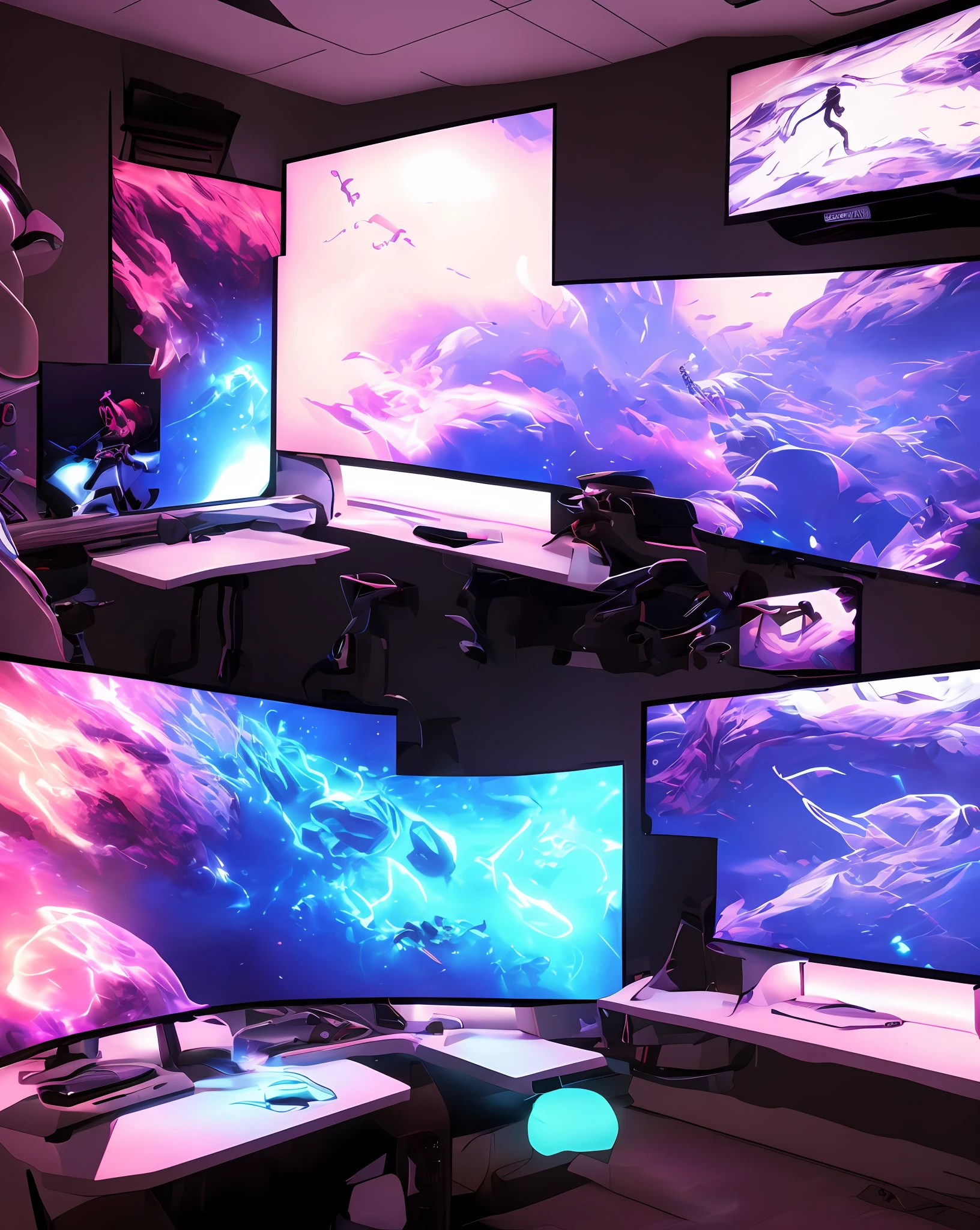 A futuristic gaming room with sleek, minimalistic design, featuring a high-tech gaming setup with multiple monitors, RGB lighting casting vibrant hues throughout the room, ergonomic gaming chair with adjustable controls, and a state-of-the-art virtual reality headset, creating an immersive gaming experience, Photorealistic 3D rendering, using advanced lighting and material techniques to capture the sleekness and futuristic aesthetic, --ar 16:9 --v 5