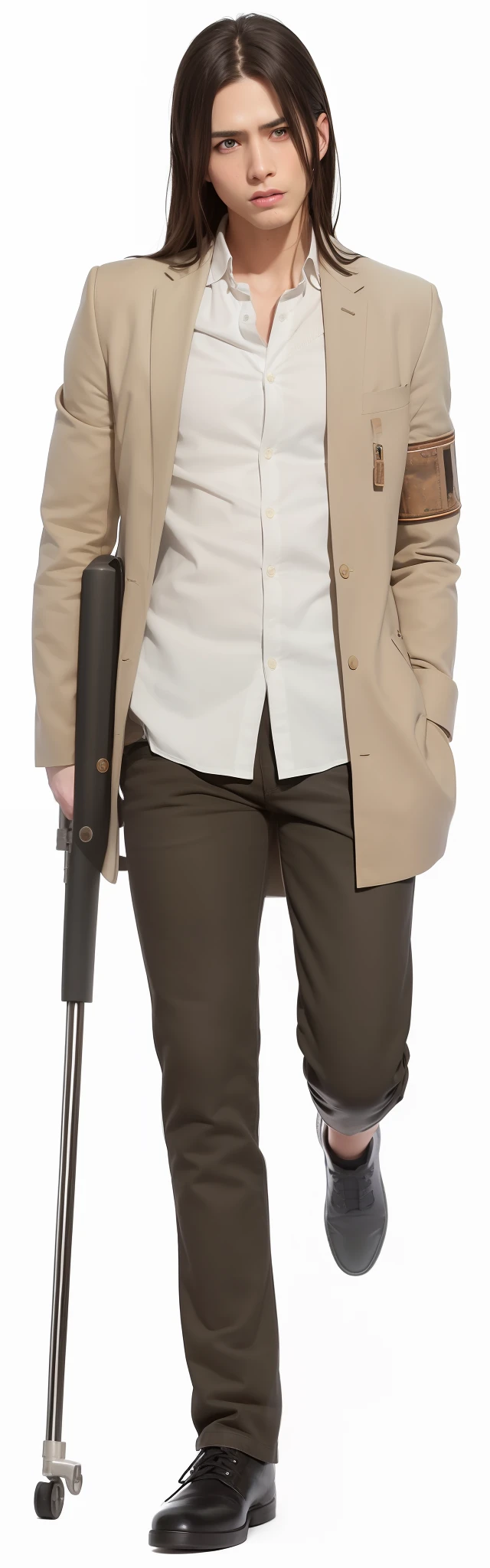 best quality, masterpiece, (realistic: 1.2), 1 man, Eren Jaeger, real life, live action, black jeans, black pants, brown hair, attack on Titan, beard, lame, missing leg, crutch, long hair