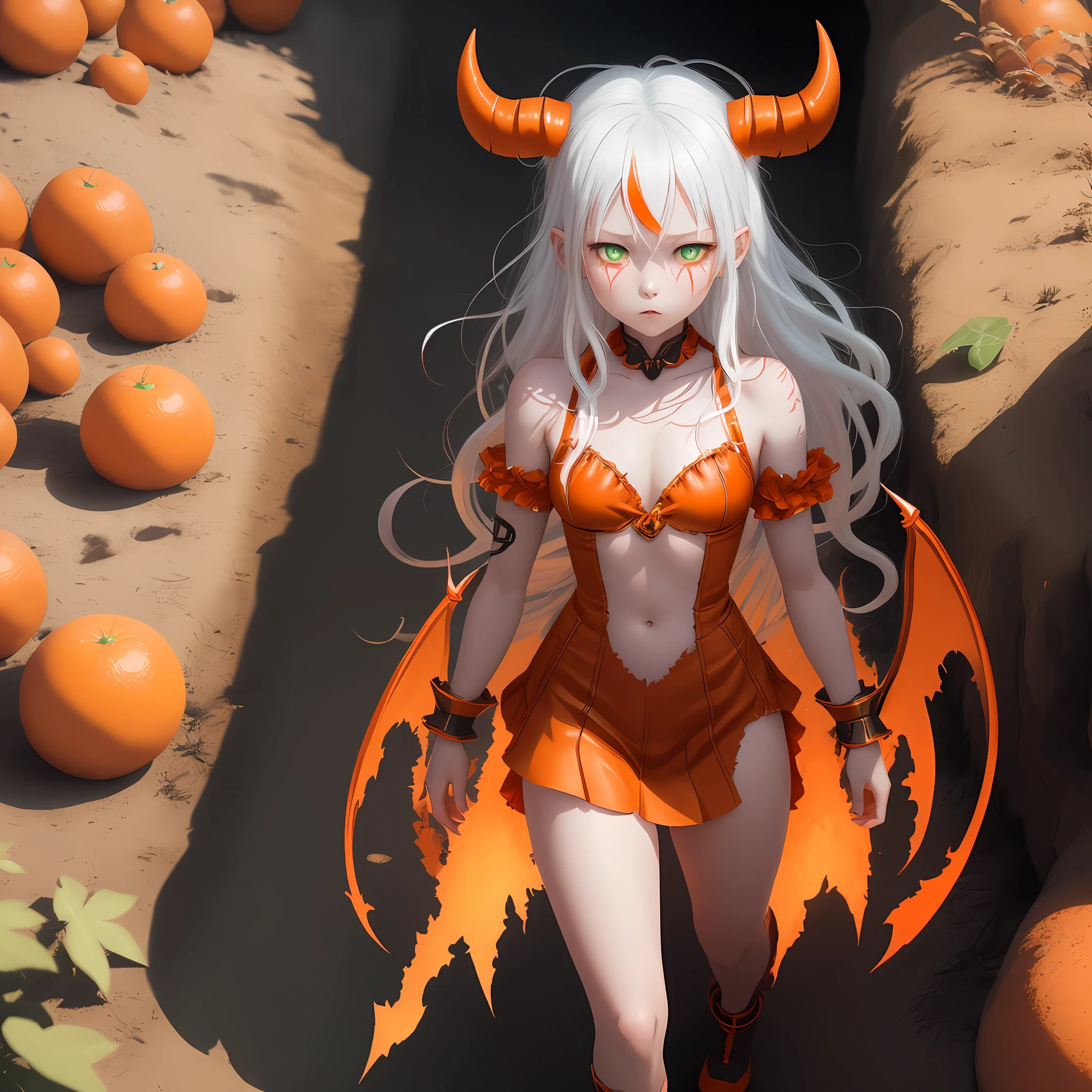 demon  ,alone ,orange skin,orange skin color,orange color,Greek ethnicity,full color,full of details,portrait photo,white hair,green eyes,shadows,lights,earths,8k,HDR,anime style,reality full body photo, hot, very hot, hentai
