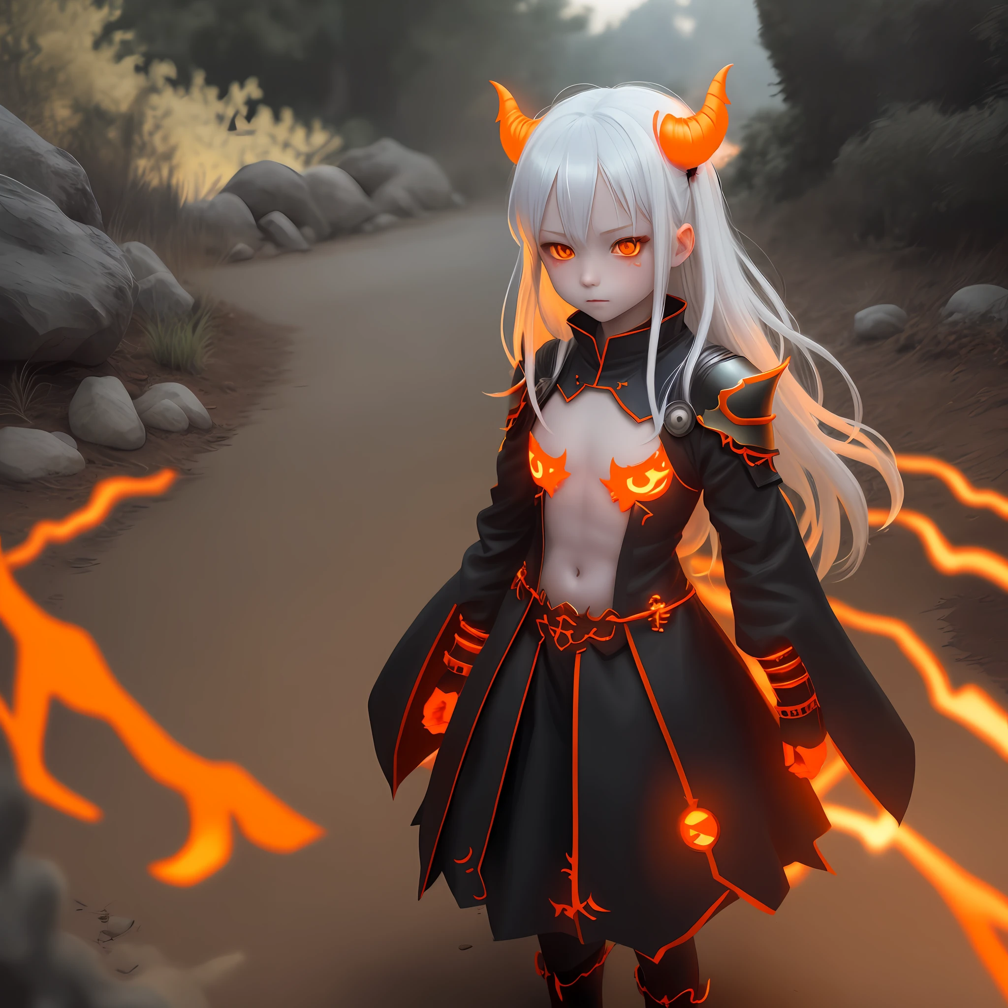 demon loli ,alone ,orange skin,orange skin color,orange color,Greek ethnicity,full color,full of details,portrait photo,white hair,green eyes,shadows,lights,earths,8k,HDR,anime style,reality full body photo, hot, very hot, hentai