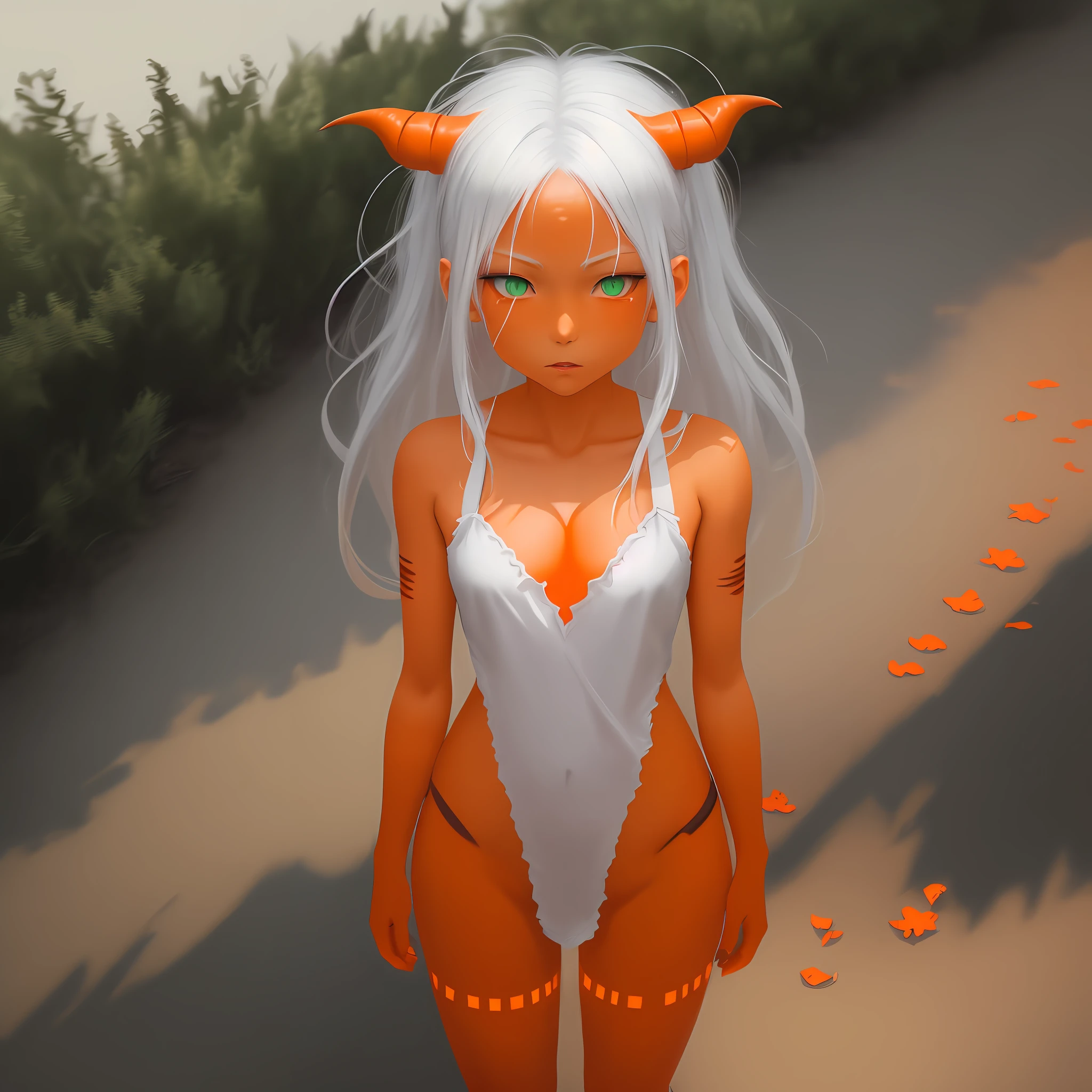 demon loli ,alone ,orange skin,orange skin color,orange color,Greek ethnicity,full color,full of details,portrait photo,white hair,green eyes,shadows,lights,earths,8k,HDR,anime style,reality full body photo, hot, very hot, hentai