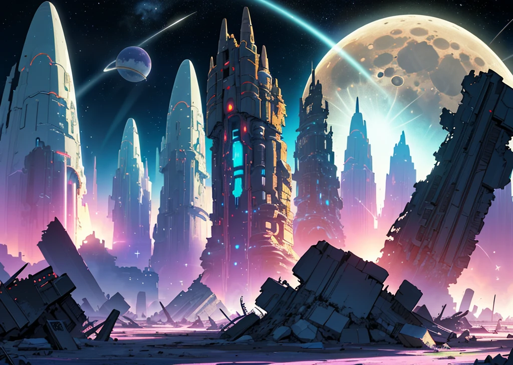 background artwork, background art, planet, random background scene, space in ruins, high detailed official artwork, background jet ground radio, space ship cemetery outer space, official artwork hdr, ultra detailed game art, destroyed planet, the city iacon cybertron, space dandy, moon in the center