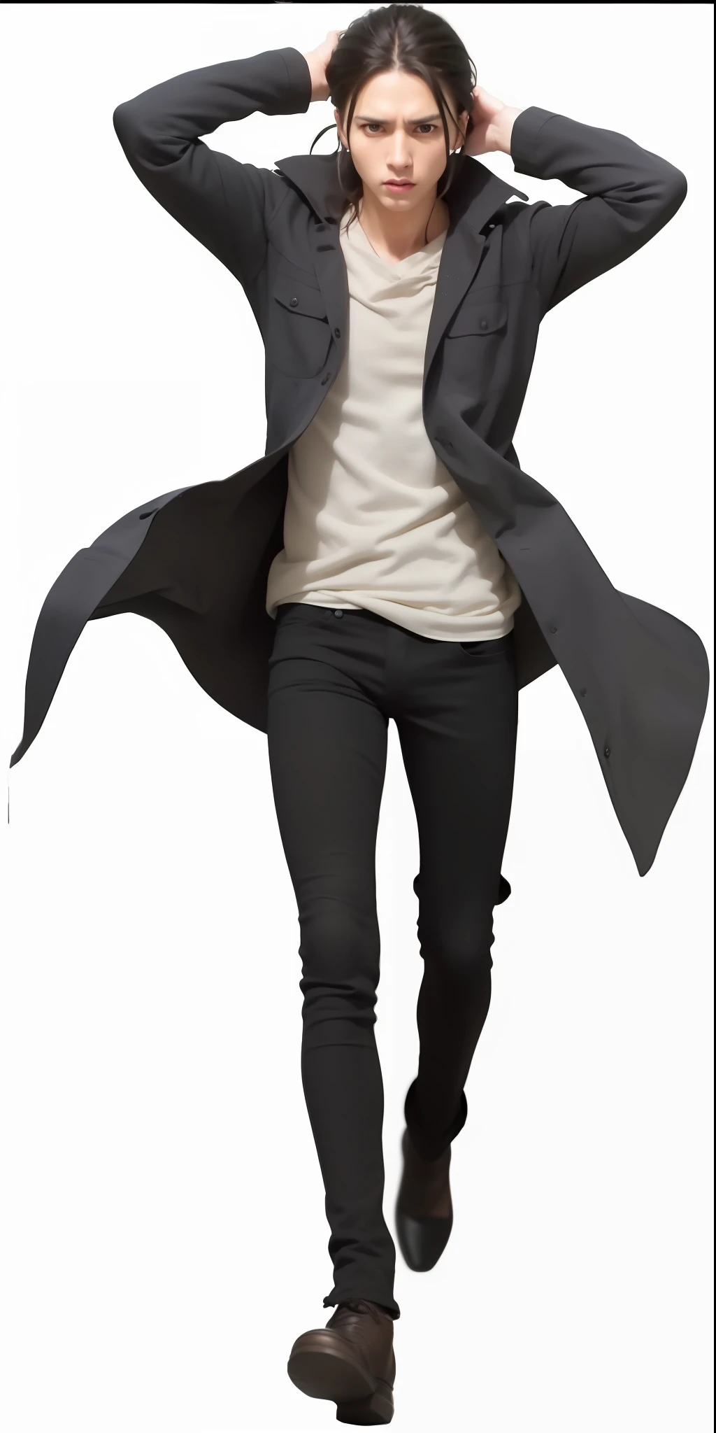 best quality, masterpiece, (realistic: 1.2), 1 man, Eren Jaeger, real life, live action, black jeans, black pants, brown hair, attack on Titan, walking, facing front, looking at screen, tying himself up hair, manbun