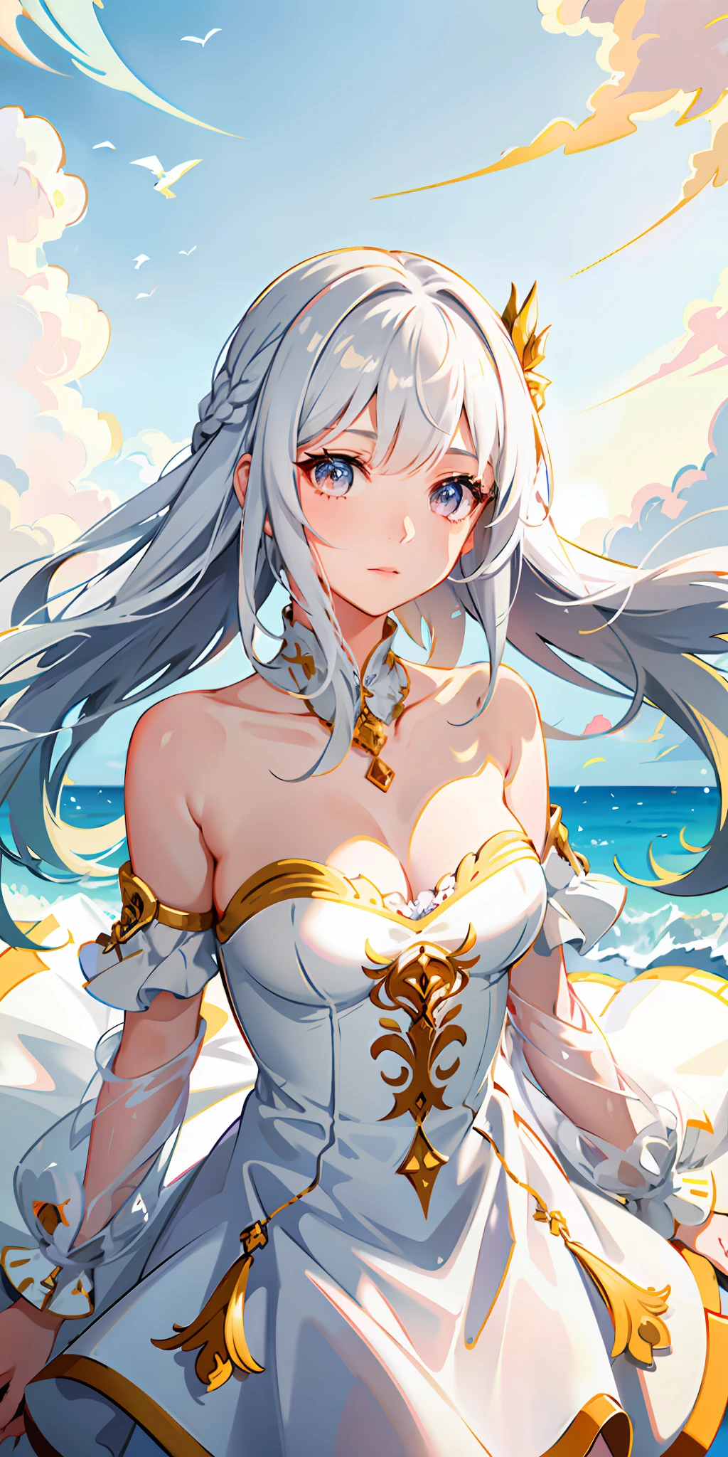 Masterpiece-level CG artwork with fresh and soft painting style. The theme is a beautiful girl with a fairy spirit, with golden eyes and fair skin, a fringed white dress flapping in the wind, long white hair hanging down, looking up at the sky in a very graceful posture, the hair is blown by the wind Flowing, side braids are elegant and alluring. The unique composition of the upper body of the picture highlights the exquisite beauty of the beautiful girl, with endless charm in simplicity.