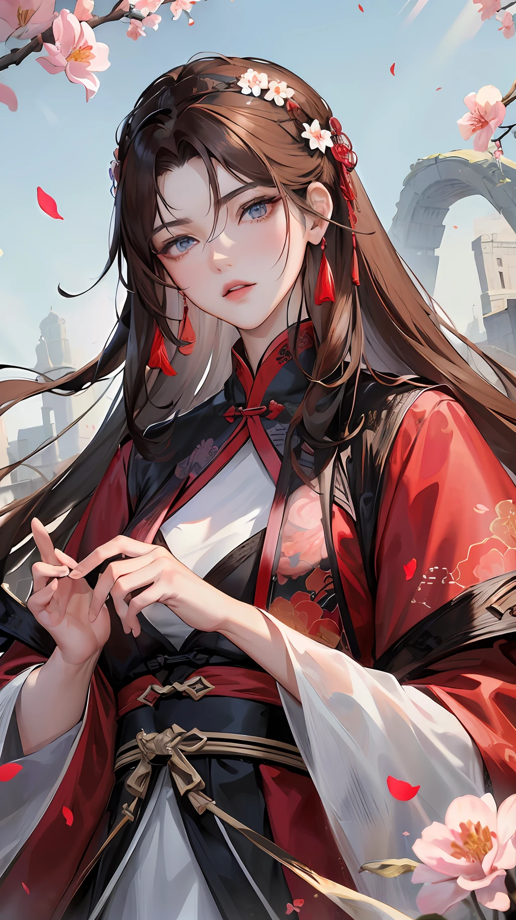 masterpiece, extreme, daytime, outdoors, falling flowers, branches, chinese style, ancient china, 1 woman, mature woman, woman with long brown hair, gray blue eyes, light pink lips, grim, serious, bang, assassin, red robe, black clothing pattern, delicate face, delicate face, horseback riding