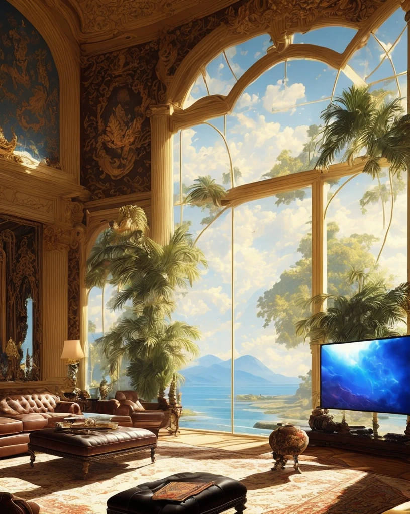 An extravagant gaming room in a mansion, featuring opulent decor, luxurious leather recliners, a massive curved display covering an entire wall, a collection of high-end gaming consoles and PCs, surrounded by floor-to-ceiling windows offering panoramic views, showcasing the fusion of luxury and gaming, Realistic architectural visualization, incorporating intricate details and realistic materials to depict the grandeur of the room, --ar 16:9 --v 5