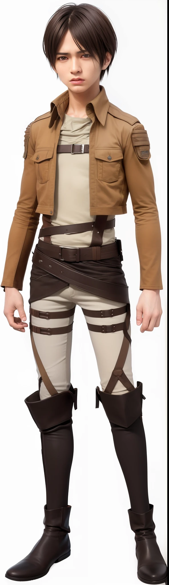 best quality, masterpiece, (realistic: 1.2), 1 man, Eren Jaeger, real life, live action, brown hair, attack on Titan, facing front, looking at screen