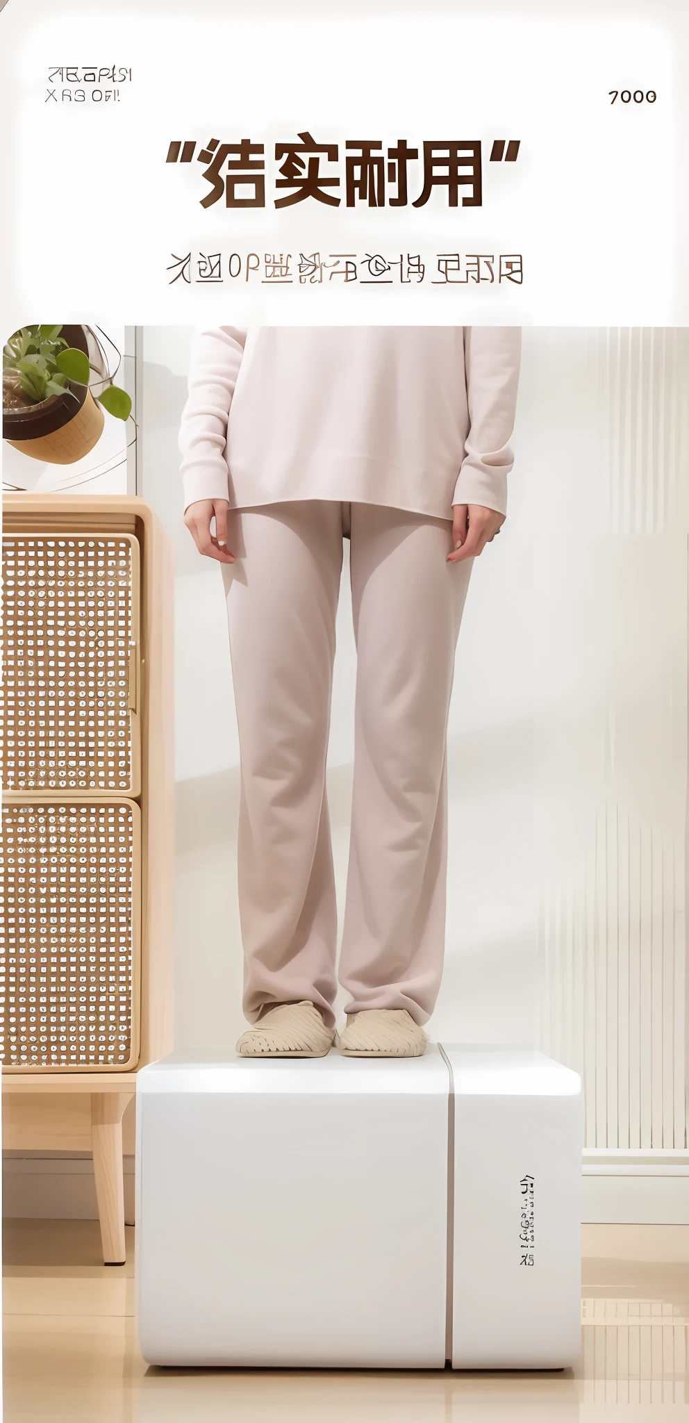 There is a woman sitting on a white box in a room in taupe, designed for comfort aesthetics! , pj n, full length view, beige, large pants, trousers, soft silhouette, eora, basic, official product images, sand beige, pajamas, beige foggy, velvia, 19xx, expansive, fantastic soft, full length view