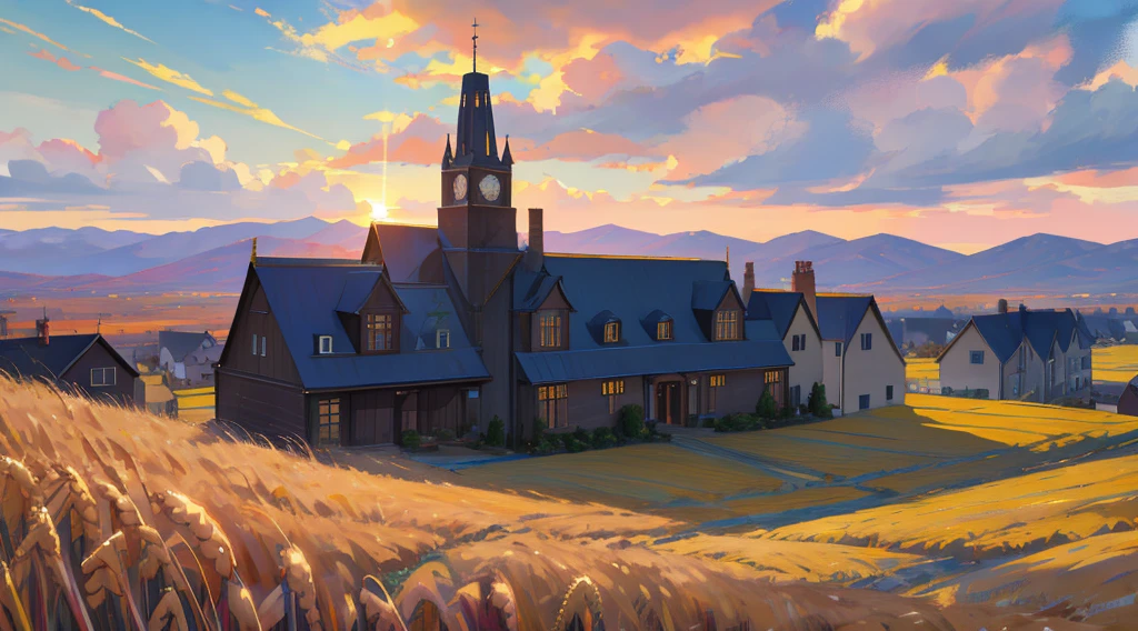 super resolution, super detailed, ultra detailed, masterpiece, best quality, wheat landscape, sun, clouds, house, victorian town, sci-fi