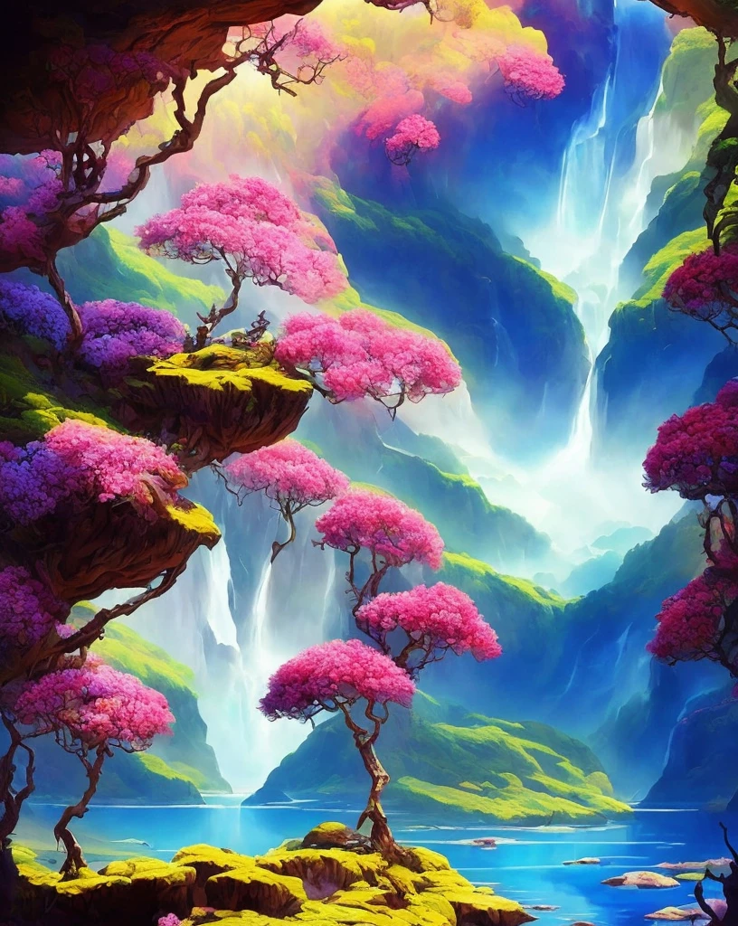 A breathtaking landscape of a different world, with vibrant floating islands suspended in the sky, cascading waterfalls pouring into vast oceans below, exotic flora and fauna dotting the lush terrain, and a distant celestial body illuminating the fantastical scene, Illustrative artwork with a touch of surrealism, employing vivid colors and imaginative forms to transport viewers to a realm of wonder and awe, --ar 16:9 --v 5