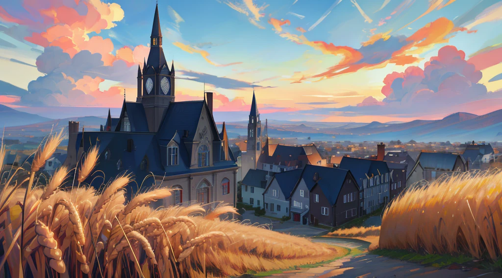 super resolution, super detailed, ultra detailed, masterpiece, best quality, wheat landscape, sun, clouds, house, victorian town, sci-fi