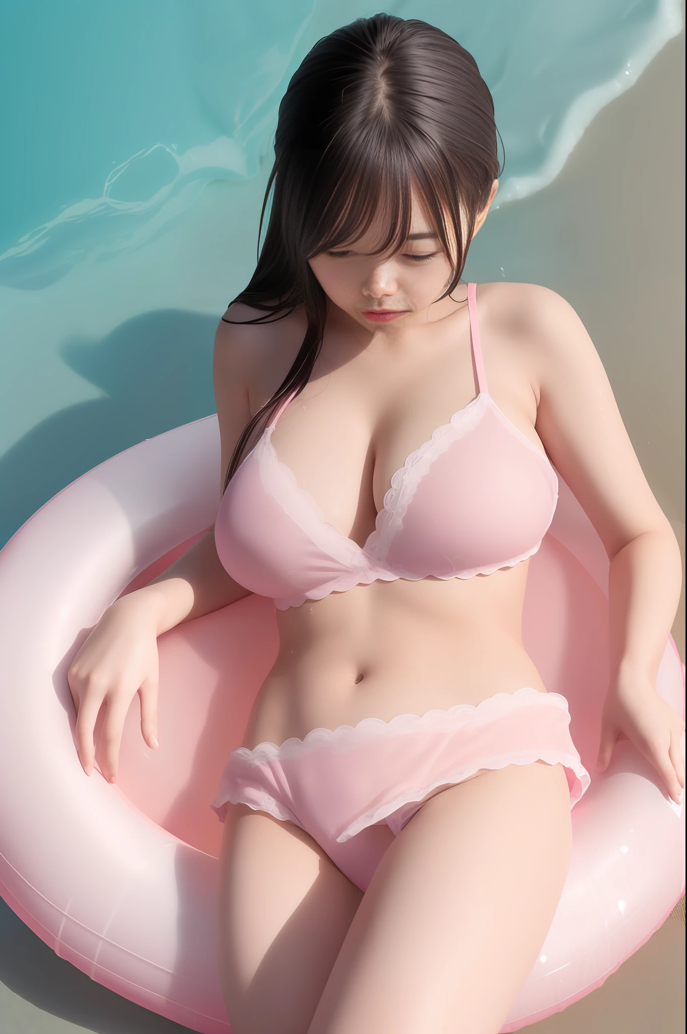 jpn idol,1girl,beach,(white lace Sleepwear), looking at viewer, thick eyebrows, naughty face, (pink innertube:1.2), wet body,lying on back, (gigantic breasts:0.5)