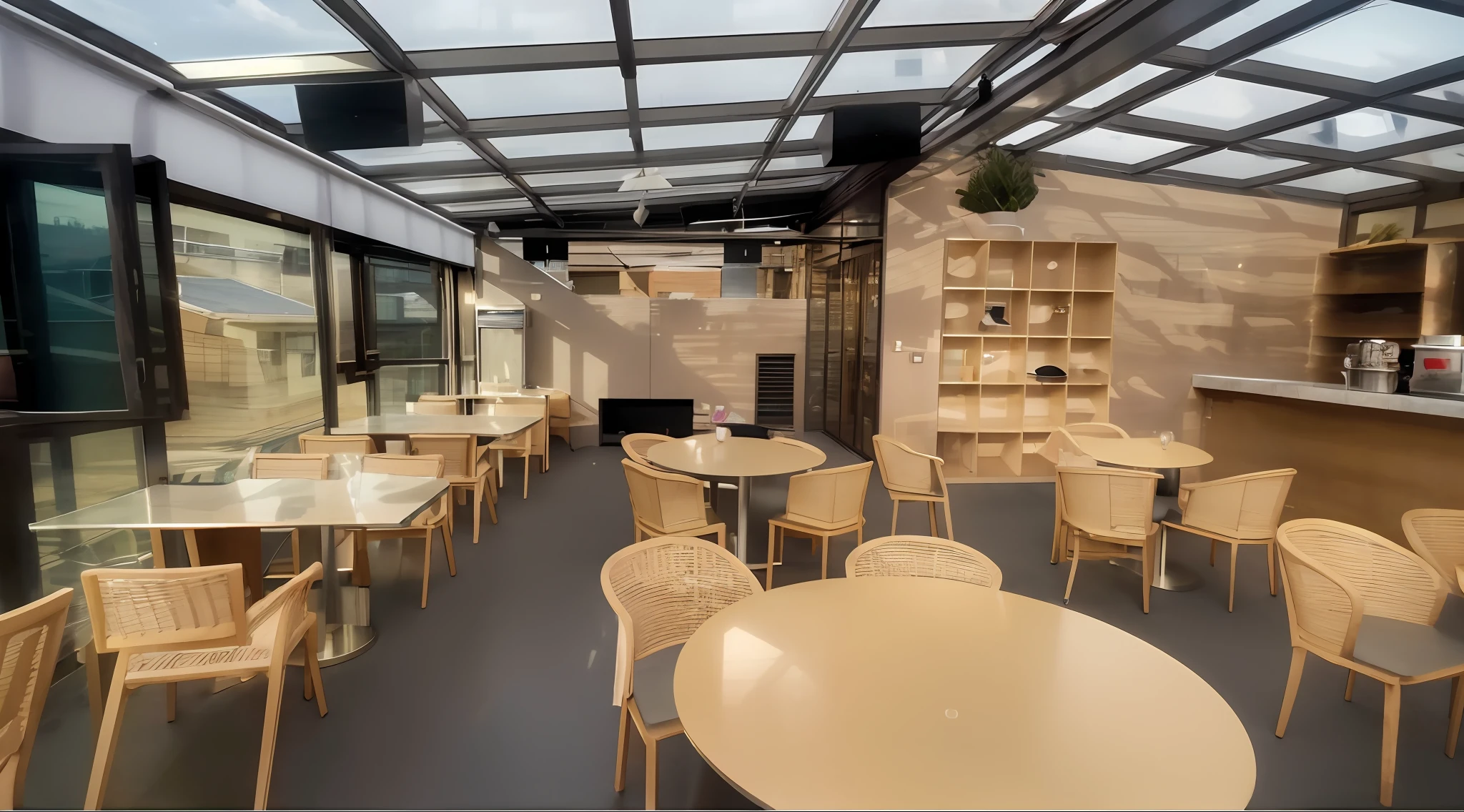 there is a room with tables and chairs and a fireplace, un restaurant avec une terrasse, set in tokyo rooftop, cafe in the clouds, solarpunk cantine, transparent background, sunny atmosphere, cafe, exploitable image, cafe tables, by Romain brook, rooftop, slightly sunny weather, 🤬 🤮 💕 🎀, natural light outside, rooftop party