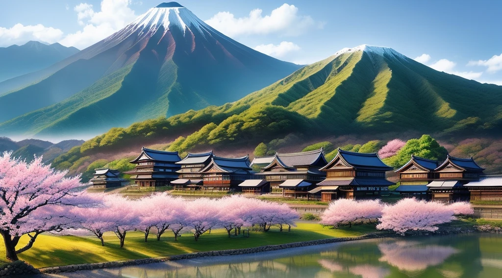 Scenery Japanese countryside, most realistic, beautiful shadows, mountain ranges, seaside, sakura