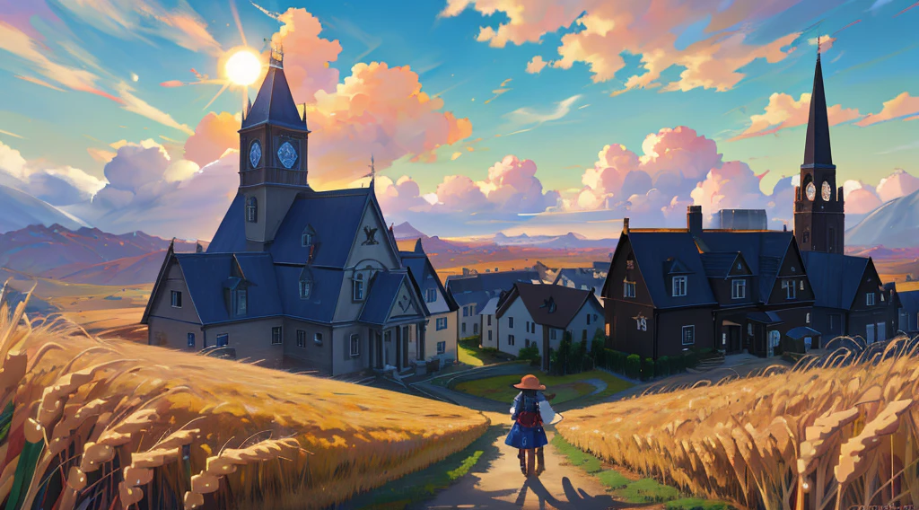 super resolution, super detailed, ultra detailed, masterpiece, best quality, wheat landscape, sun, clouds, house, victorian town, sci-fi