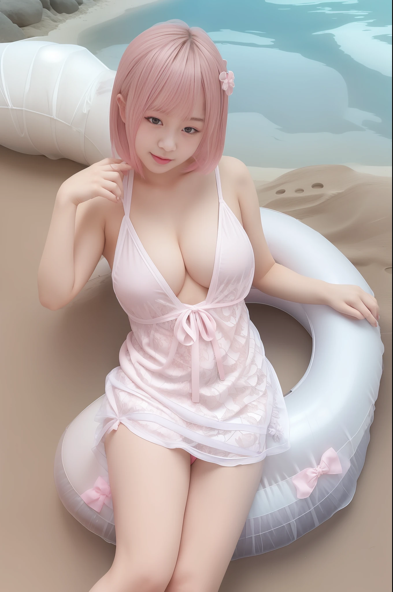 jpn idol,1girl,beach,(white lace Sleepwear), looking at viewer, thick eyebrows, naughty face, (pink innertube:1.2), wet body,lying on back, (gigantic breasts:0.5)