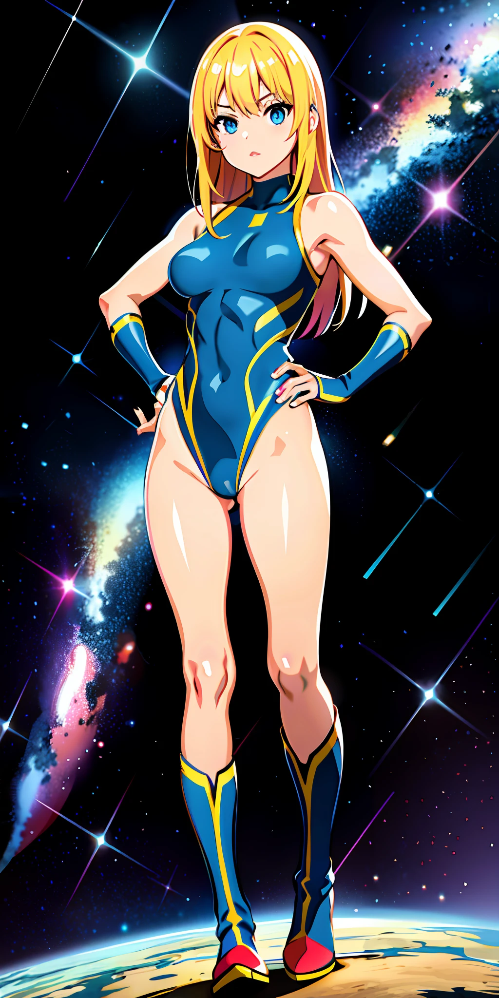 upper body, 1girl, superhero, leotard, bare legs, boots, matching boots, medium breasts, light particles, aura, blue aura, stand, standing, highleg, space backdrop, hand on hip,