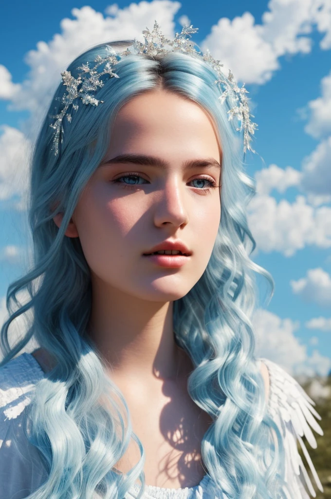 18 years old European girl, sky, feathers, smoke, realistic (very detailed, bloom: 1.5 ), detailed face and eyes, ethereal, bright, white, light blue, advertisement