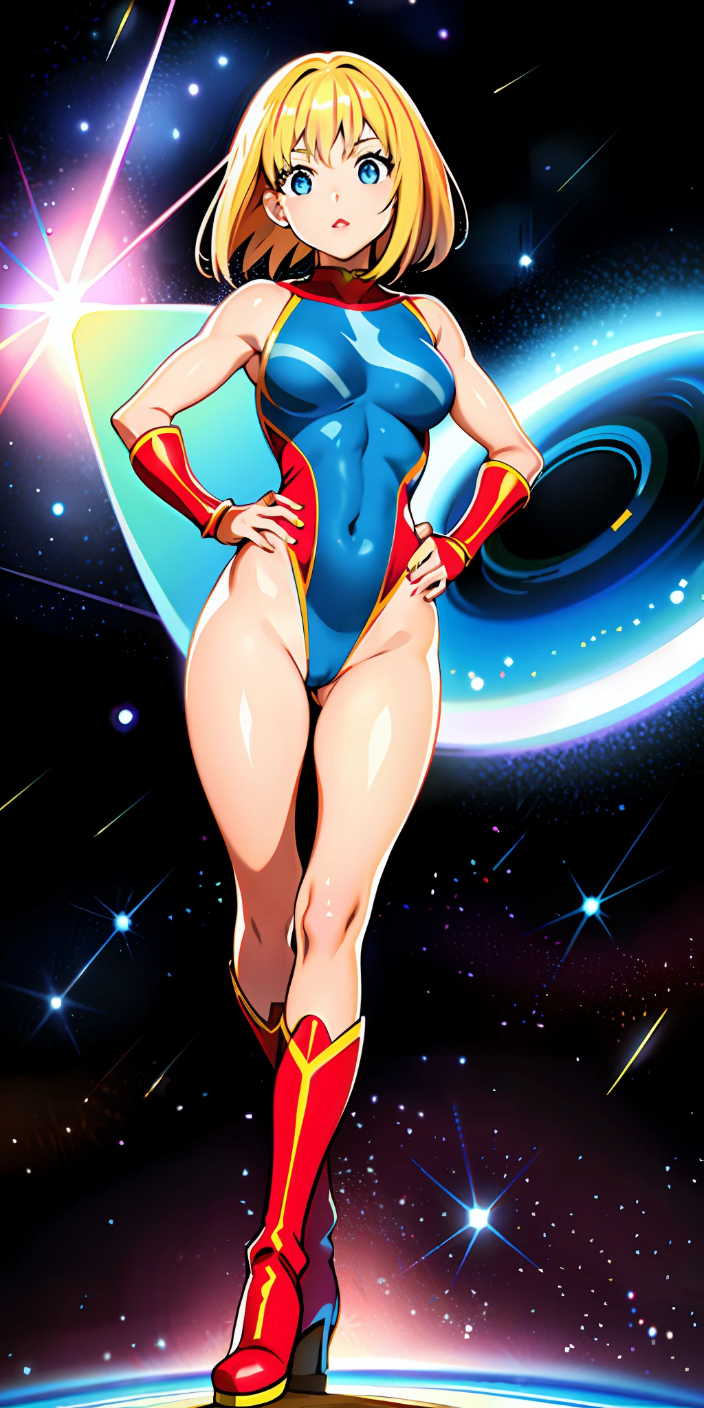 masterpiece, best quality, upper body, 1girl, superhero, leotard, bare legs, boots, matching boots, medium breasts, light particles, aura, blue aura, stand, standing, highleg, space backdrop, hand on hip,