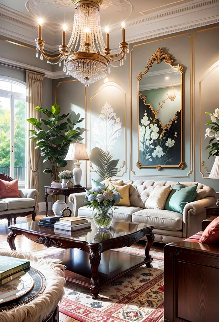 European-style living room, interior decoration details,Green walls, many green plants decoration design drawing --v 6