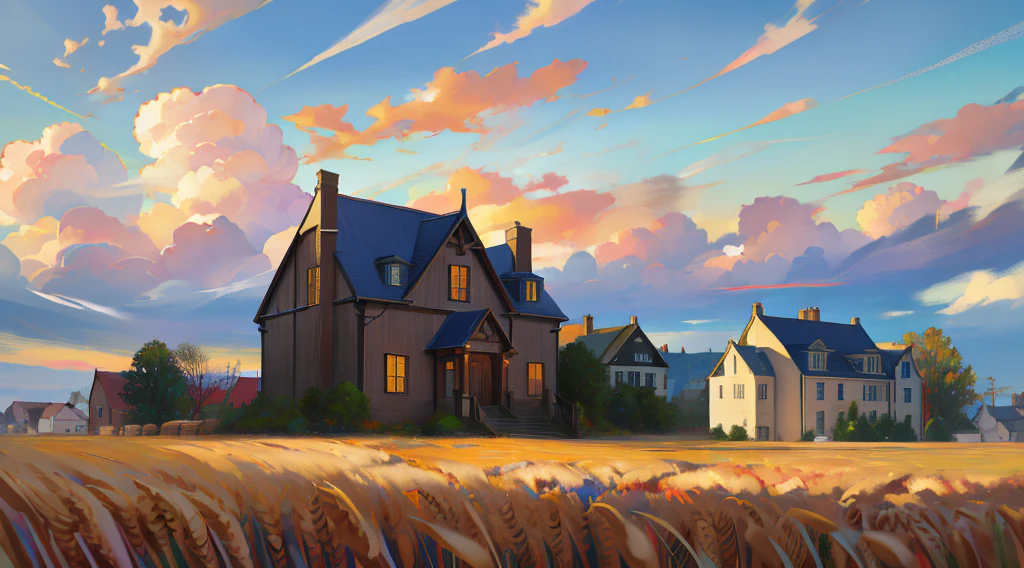 super resolution, super detailed, ultra detailed, masterpiece, best quality, wheat landscape, sun, clouds, house, victorian town, ((sci-fi))