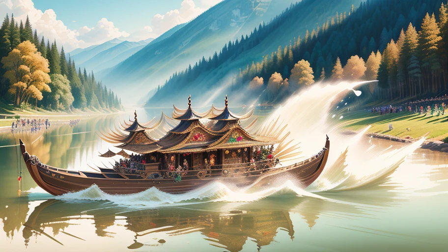 illustration, ((exquisite)), ((masterpiece)), (detailed), KSUSHA ITWAZCOOL style, Dragon Boat Festival, dragon boat racing scene, dragon boat decoration details rich, fierce fighting scene,