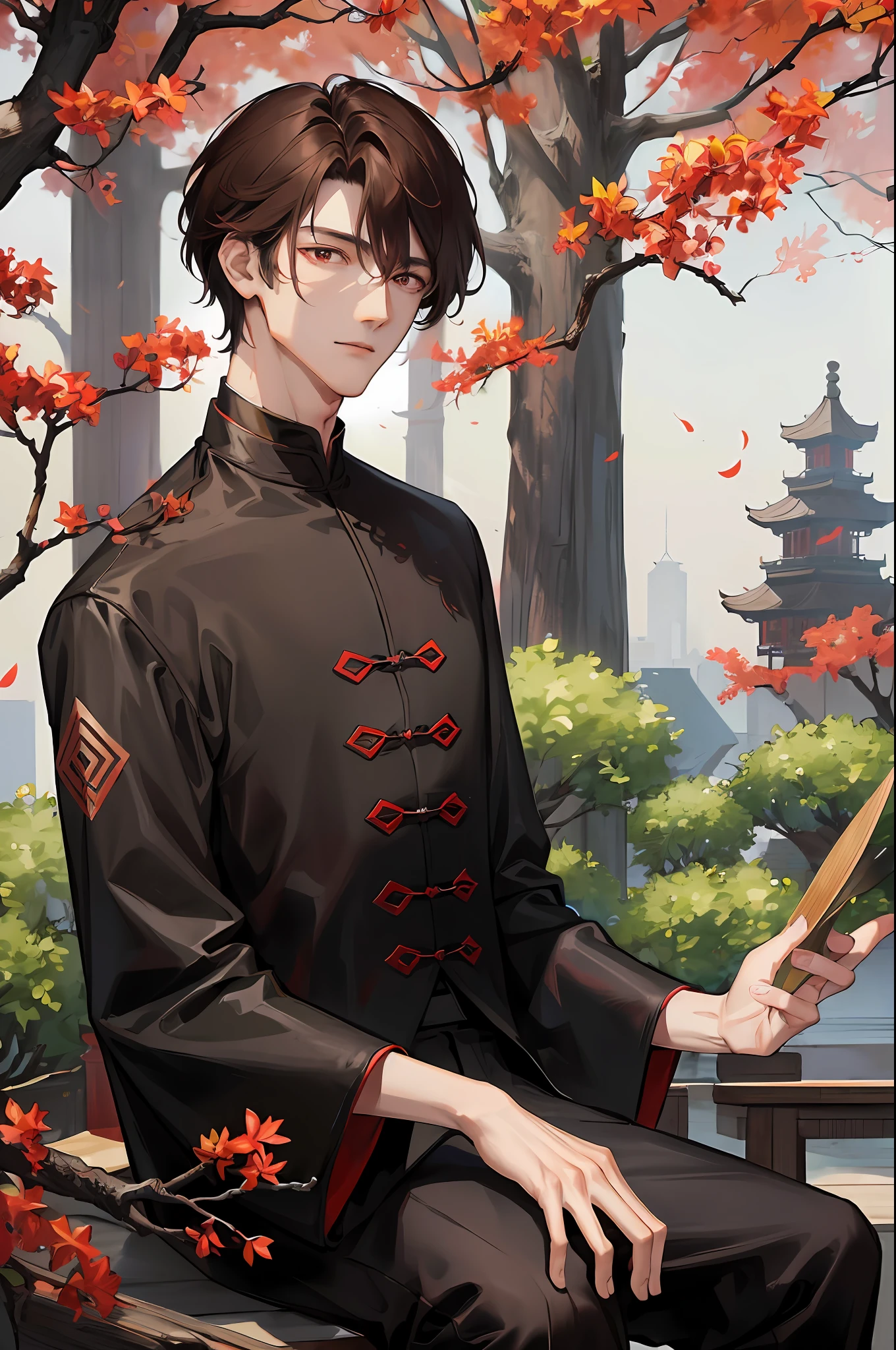 Masterpiece, best, banquet, one day, one person, mature man, Chinese style, black casual clothes, dark brown hair, red eyes, split ends, short hair, handsome, masculine, gentle, unicorn pattern, tree branches