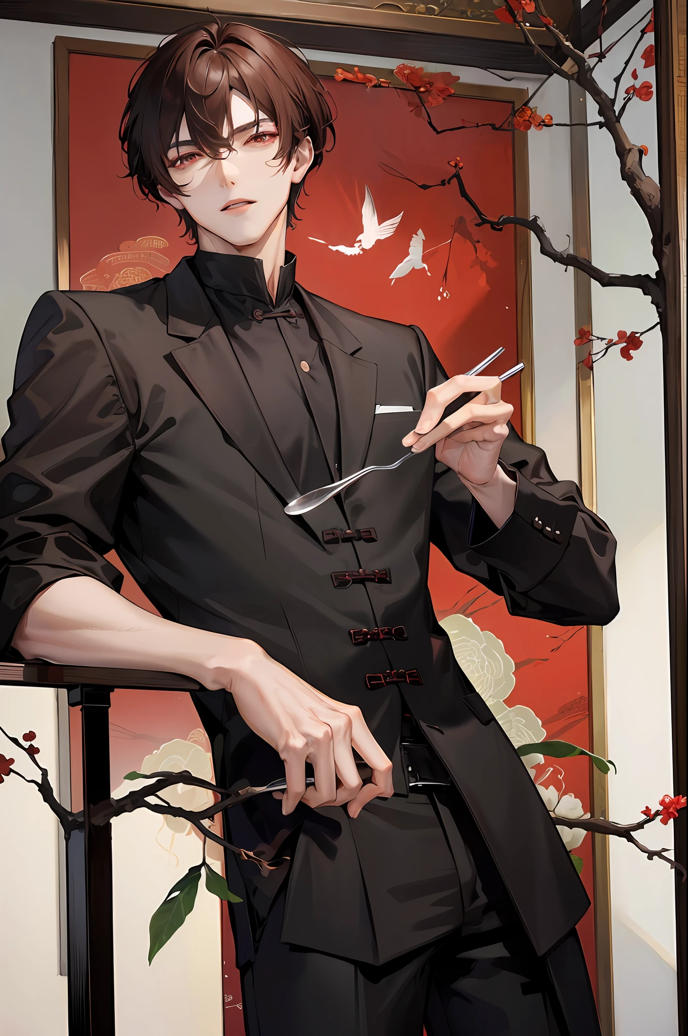 Masterpiece, Best, One Day, One Person, Mature Man, Chinese Style, Black Casual Wear, Dark Brown Hair, Red Eyes, Forks, Short Hair, Handsome, Masculine, Gentle, Branches