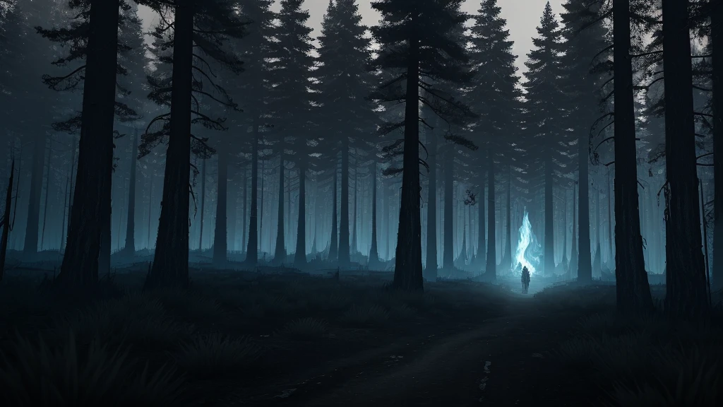pine forest, horror, dark setting, hooded figures in the distance, ((dark forest with ghost fire)), floating ghost fires, beautiful, masterpiece, best quality, highres, 8k, (insanely detailed), reflections:1.15,