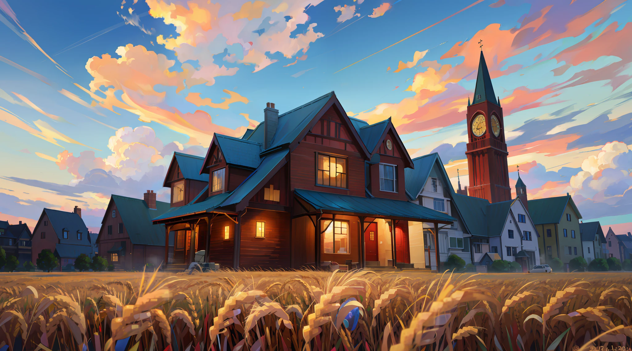 super resolution, super detailed, ultra detailed, masterpiece, best quality, wheat landscape, sun, clouds, house, victorian town, ((sci-fi))