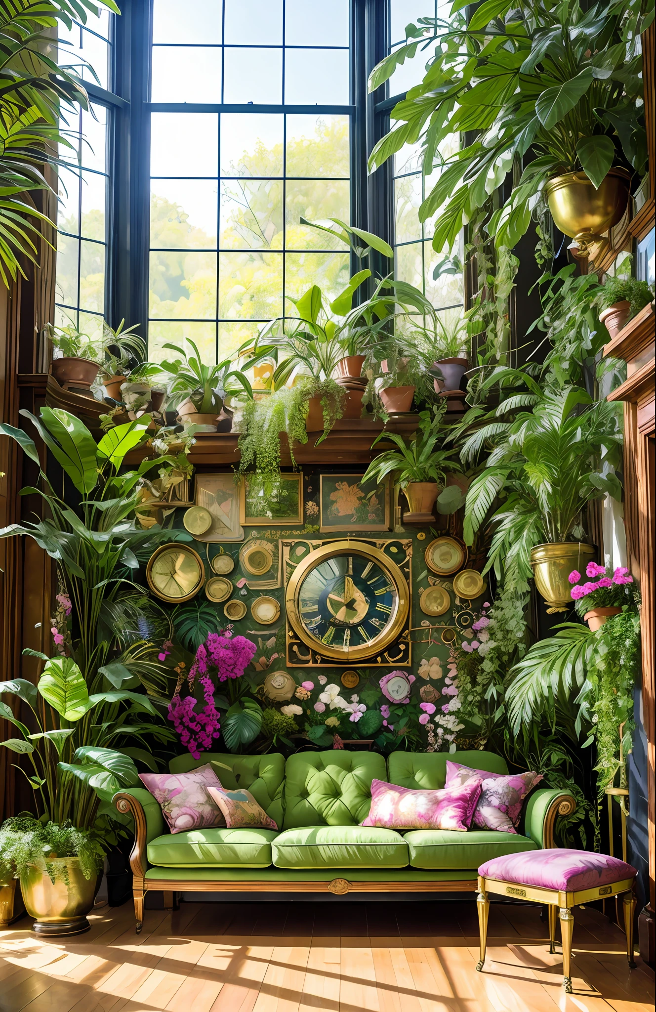 Architectural Digest photo of a maximalist green {vaporwave/steampunk/solarpunk} living room with flowers and plants, golden light, hyperrealistic surrealism, award winning masterpiece with incredible details, epic stunning