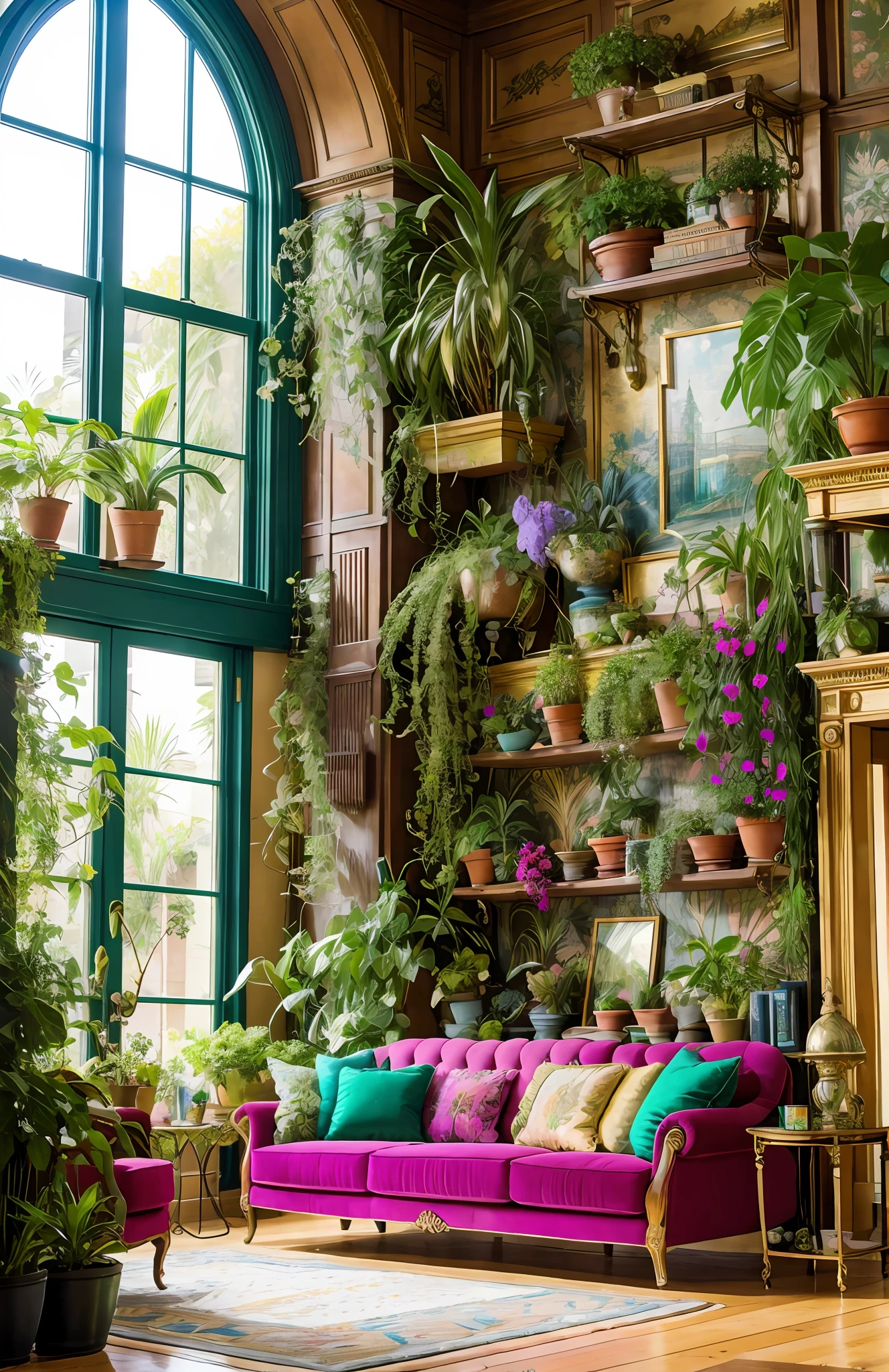 Architectural Digest photo of a maximalist green {vaporwave/steampunk/solarpunk} living room with lots of flowers and plants, golden light, hyperrealistic surrealism, award winning masterpiece with incredible details, epic stunning